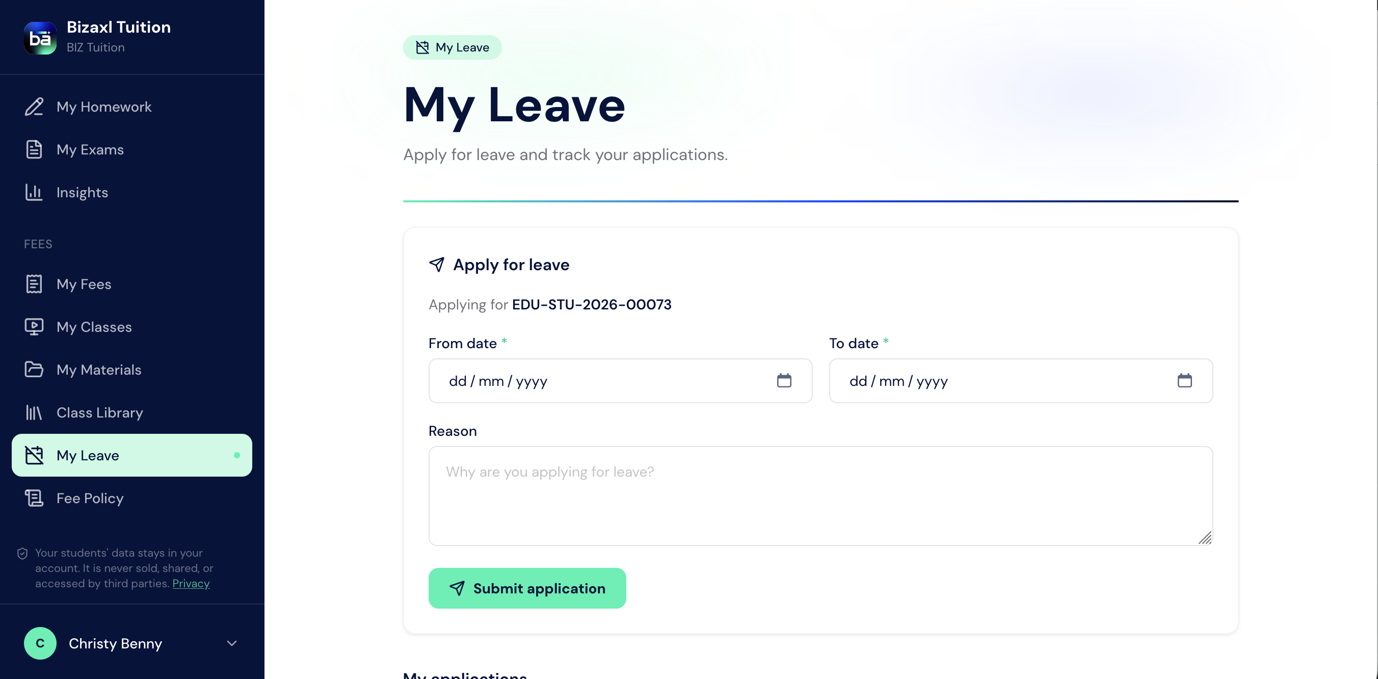 The My Leave page showing the student leave application form with from date, to date, and reason fields.