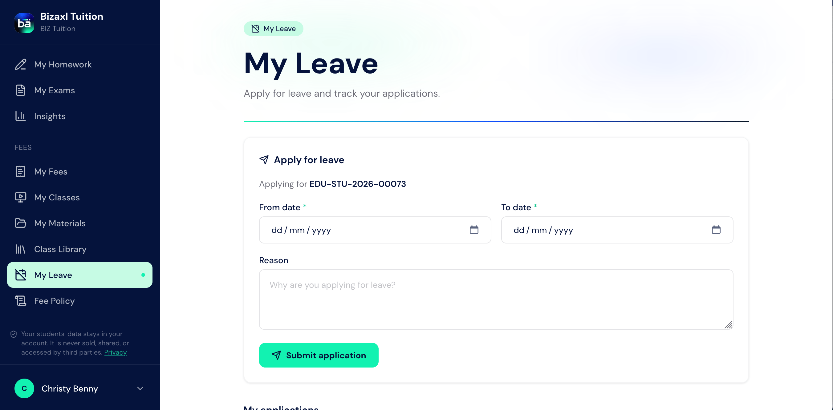 The My Leave page showing the student leave application form with from date, to date, and reason fields.