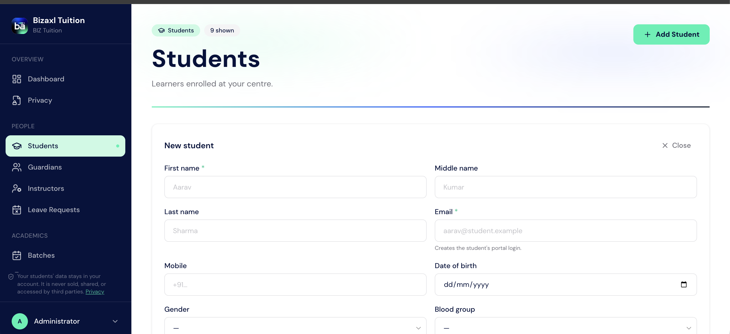 New student form with fields for name, email, mobile, date of birth, gender, and blood group