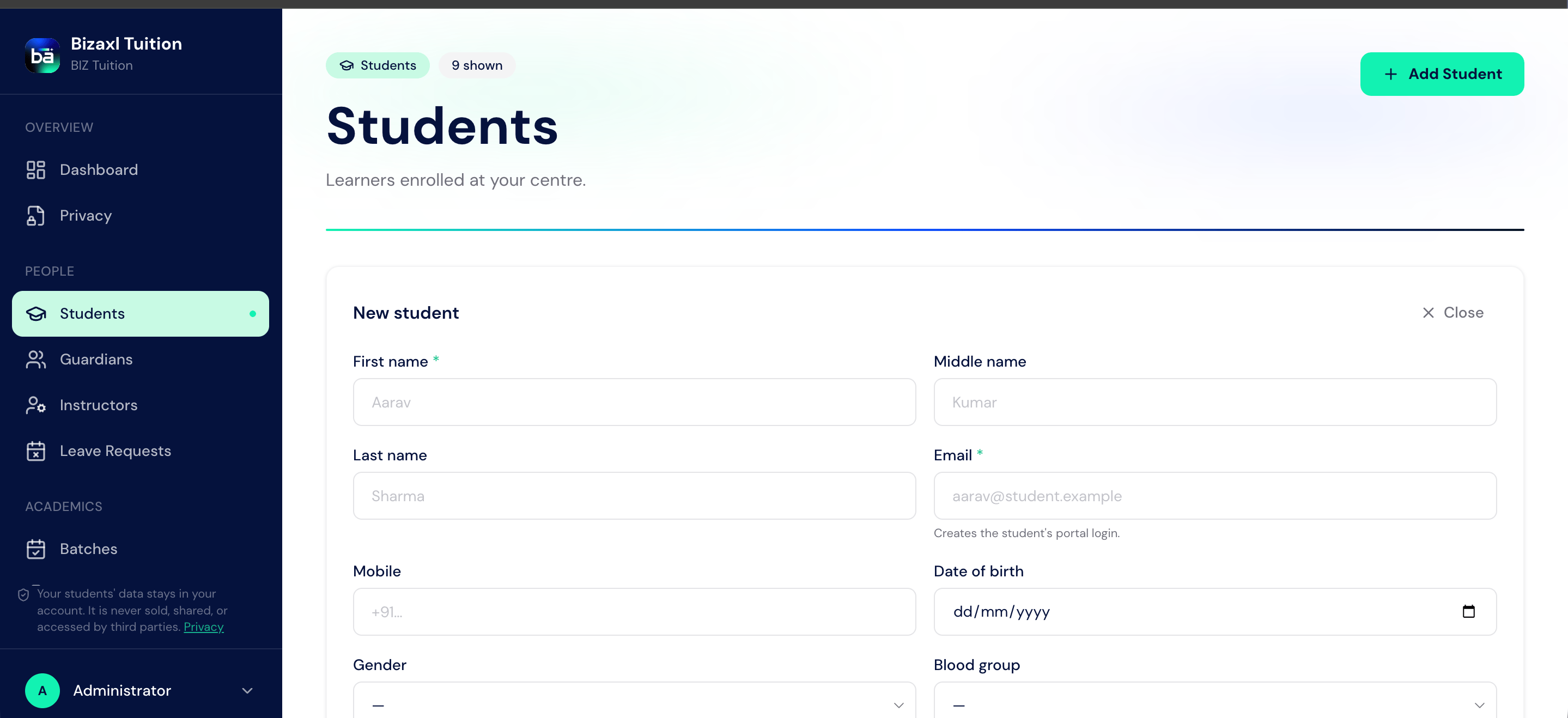 New student form with fields for name, email, mobile, date of birth, gender, and blood group