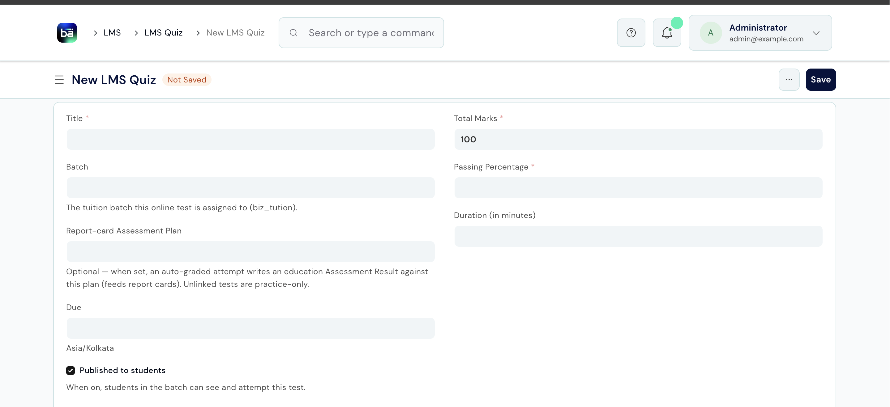 Quiz builder showing questions and options for a batch