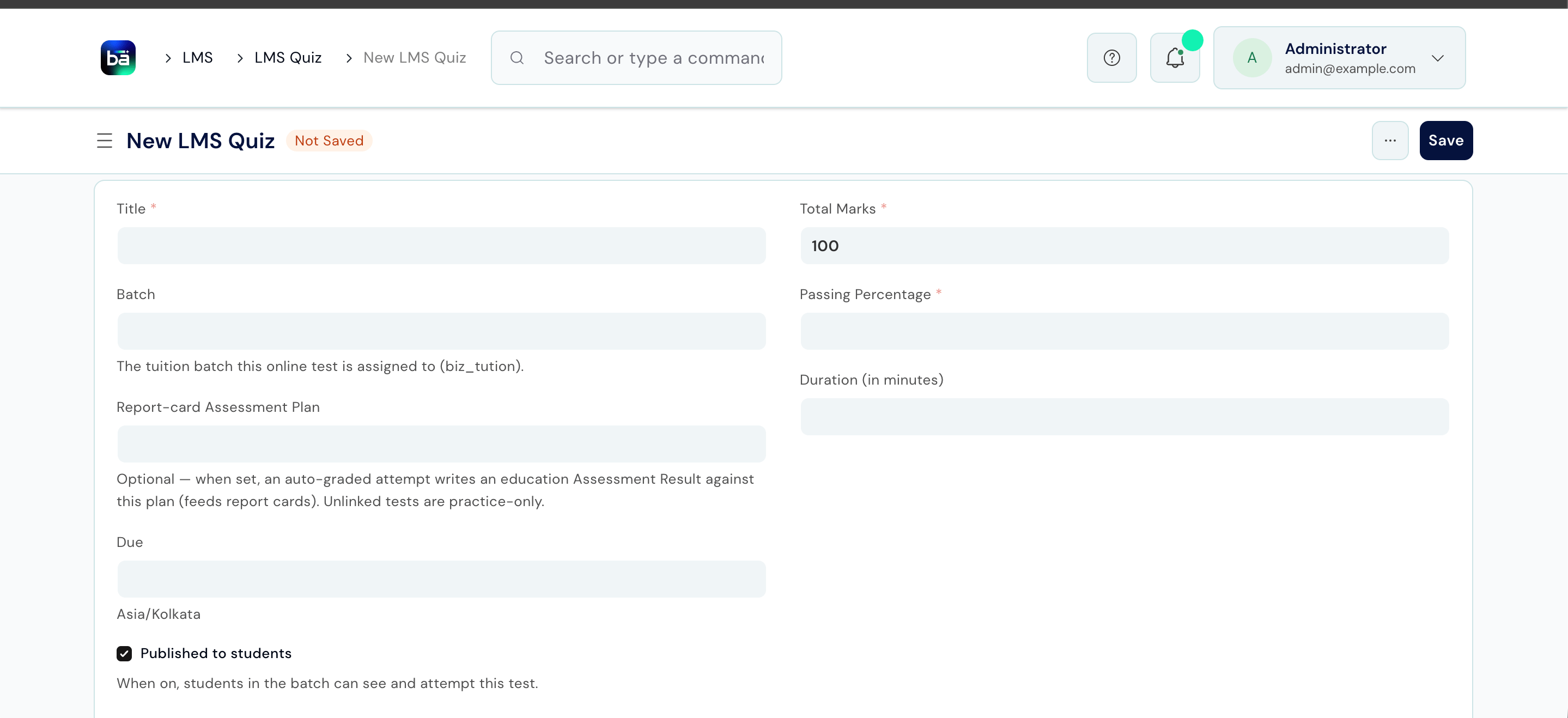 Quiz builder showing questions and options for a batch