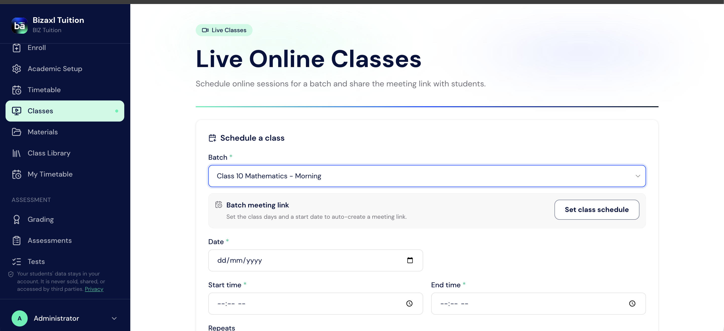 Schedule a class form with batch, date, start time, and end time fields