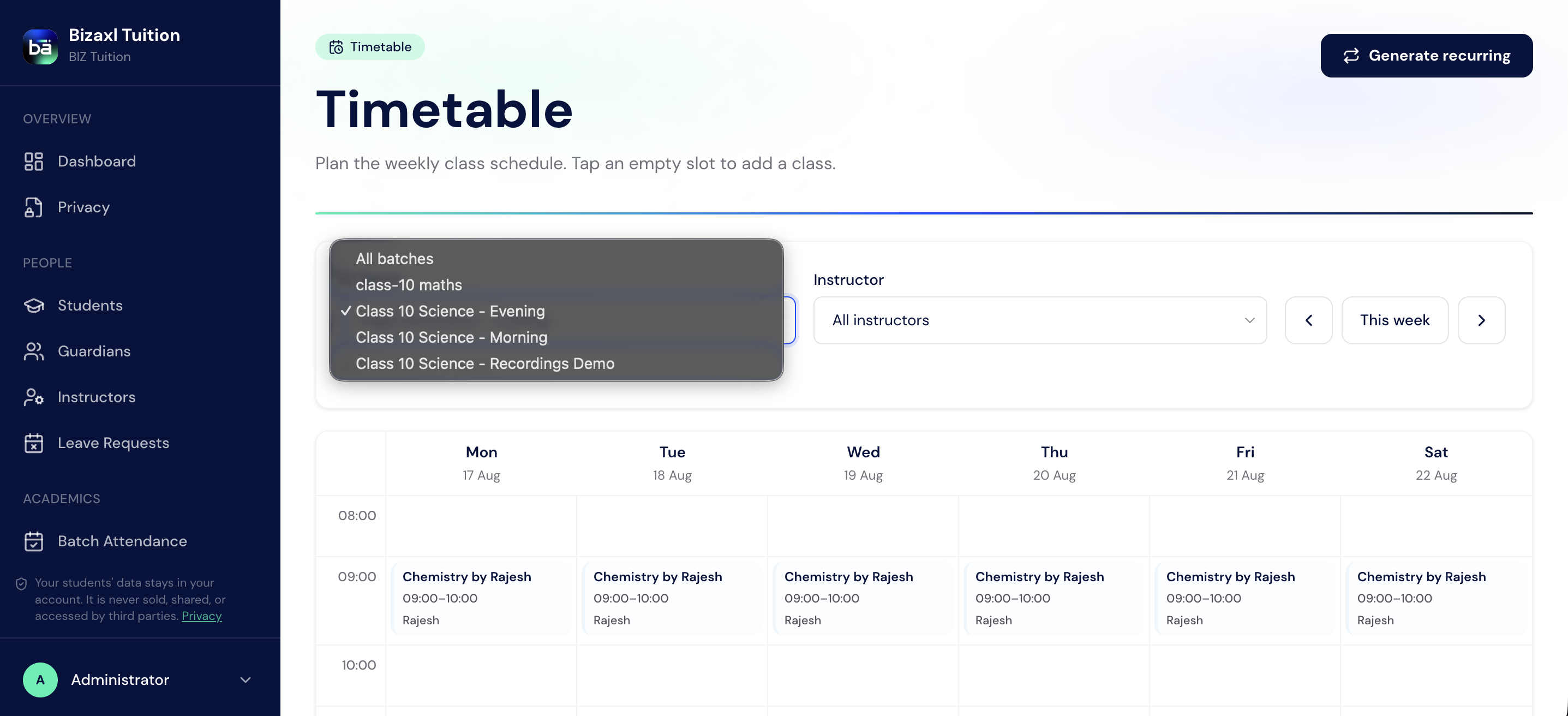 Weekly tuition timetable showing batch and instructor filters with recurring classes across the week.
