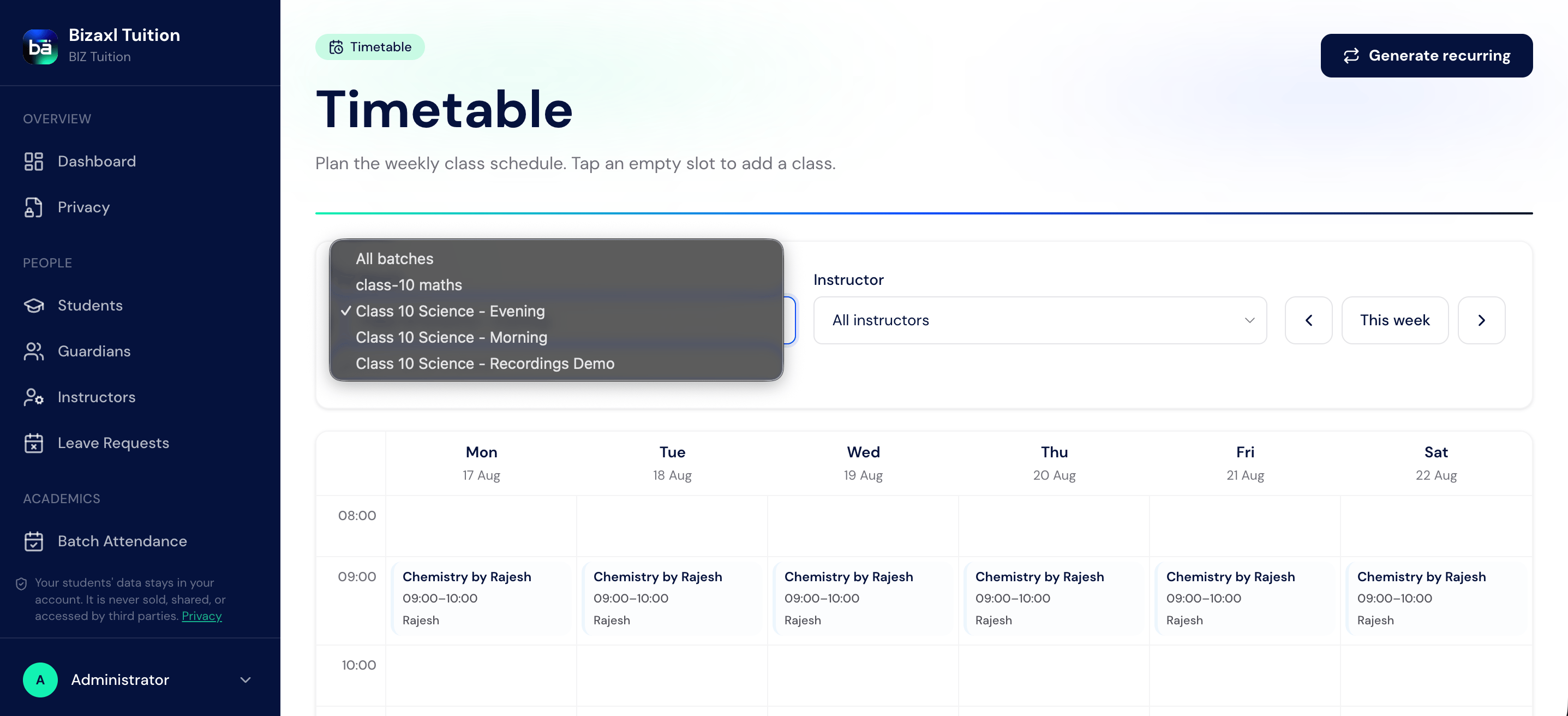 Weekly tuition timetable showing batch and instructor filters with recurring classes across the week.