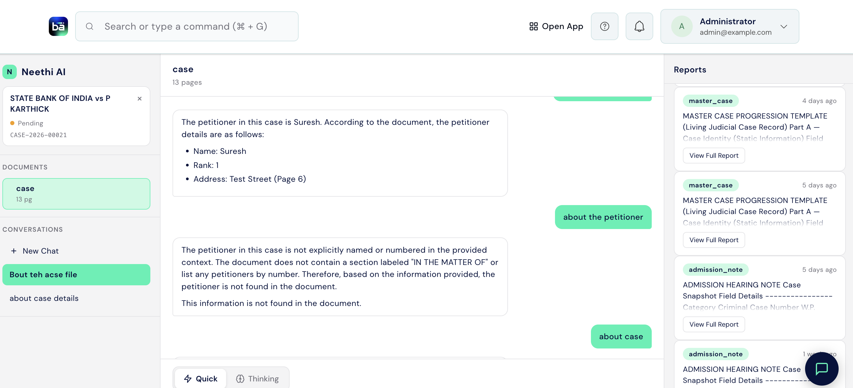 AI Assistant chat panel showing the case document, conversation history, a user question, and an AI response citing the source page