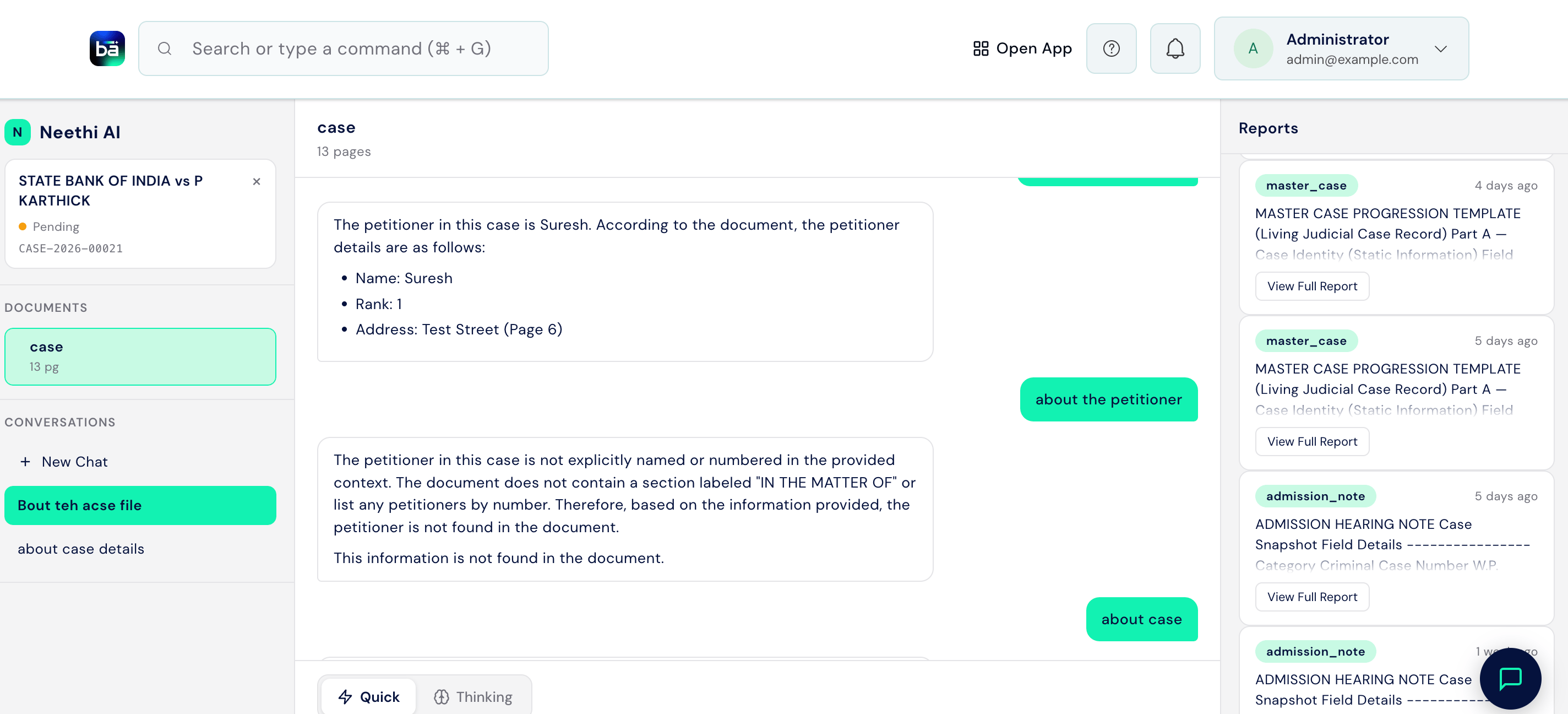 AI Assistant chat panel showing the case document, conversation history, a user question, and an AI response citing the source page
