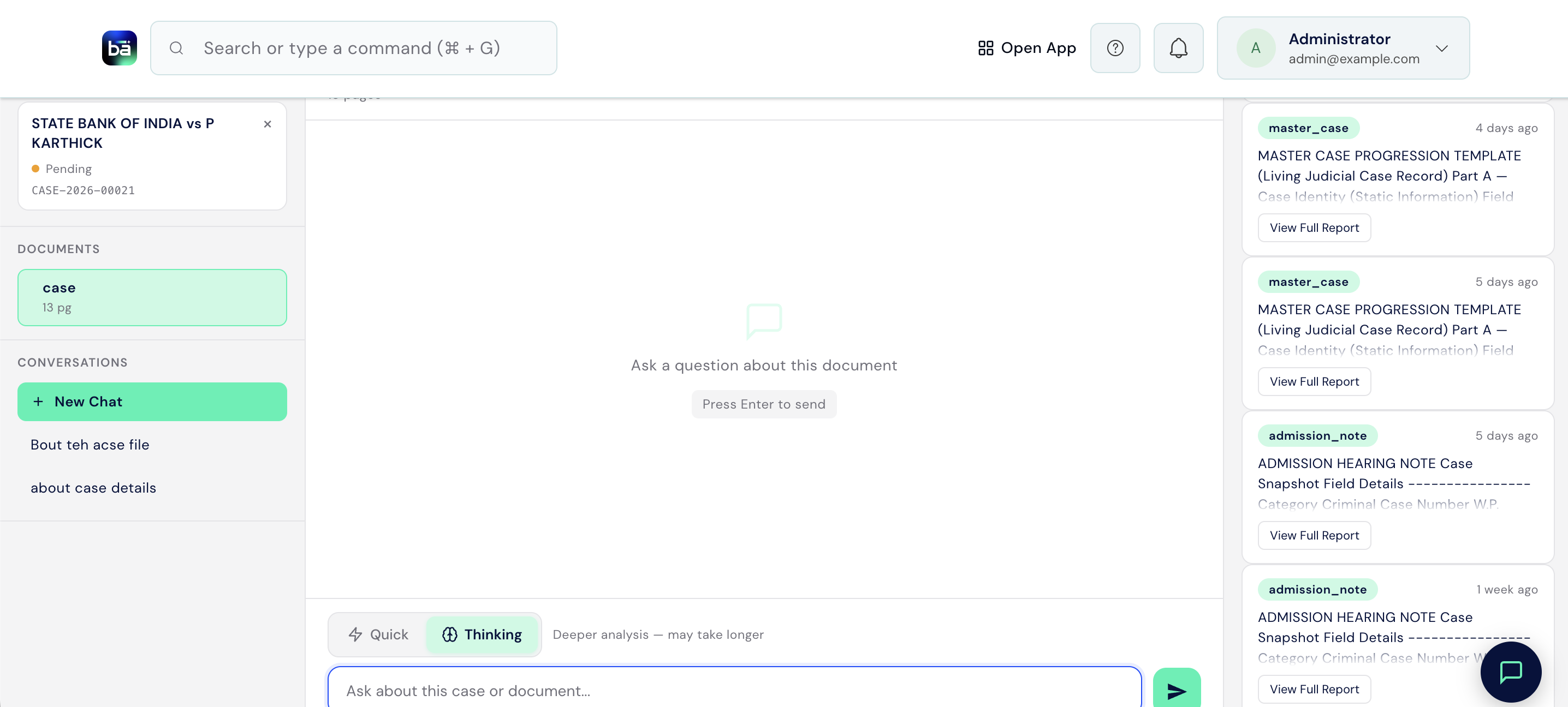 New Chat empty state showing the Ask a question prompt, message input, and Quick/Thinking mode toggle