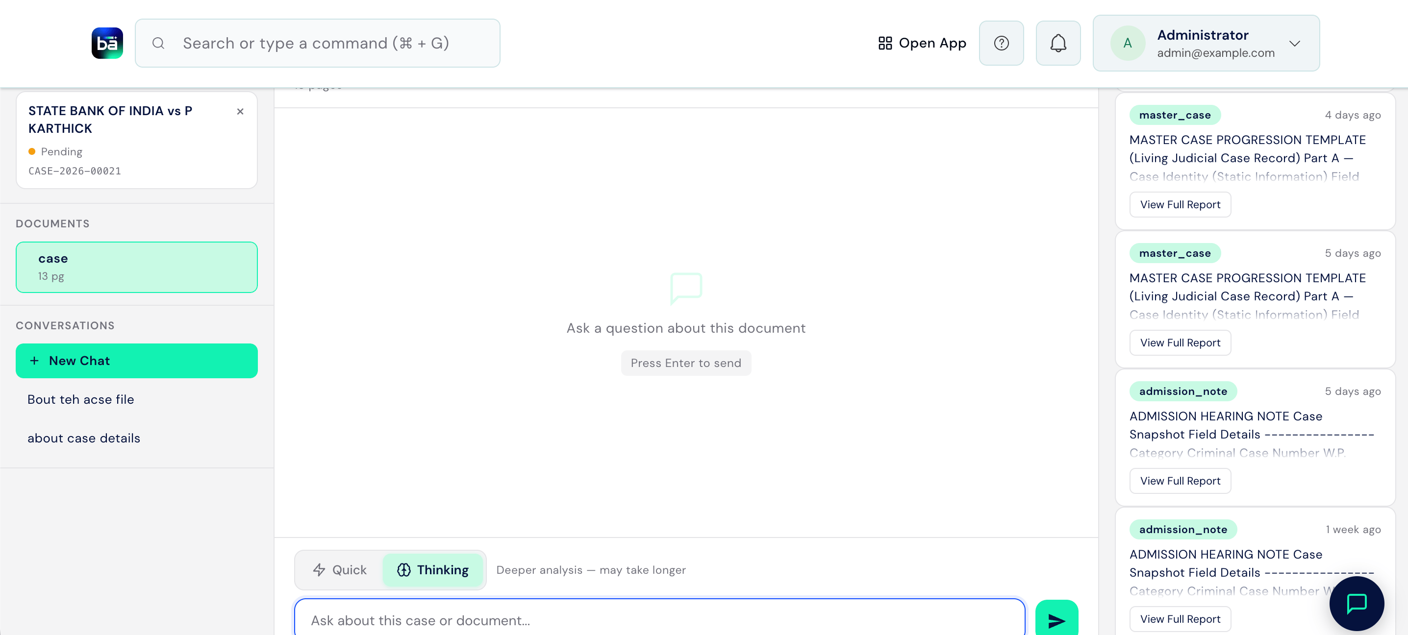 New Chat empty state showing the Ask a question prompt, message input, and Quick/Thinking mode toggle