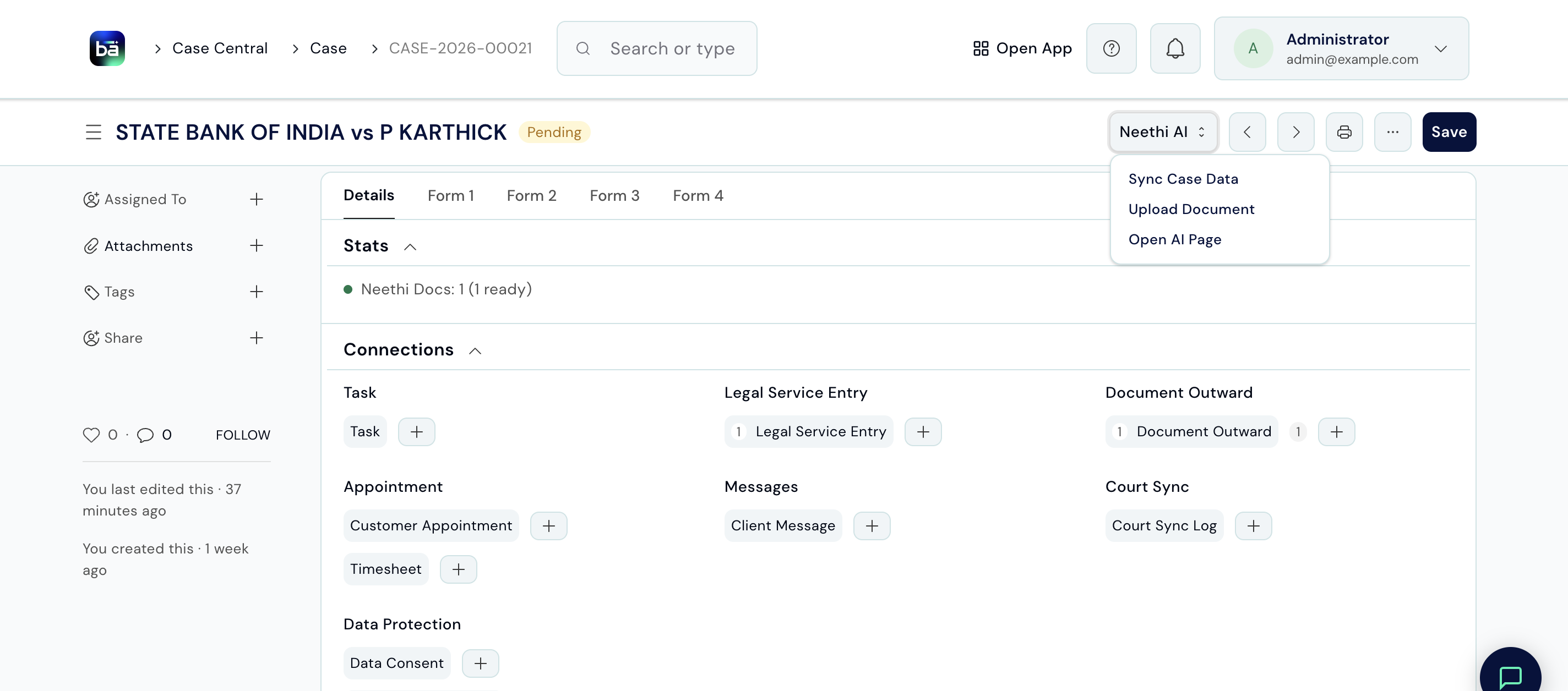 Case detail view showing the AI Assistant menu with Sync Case Data, Upload Document, and Open AI Page options