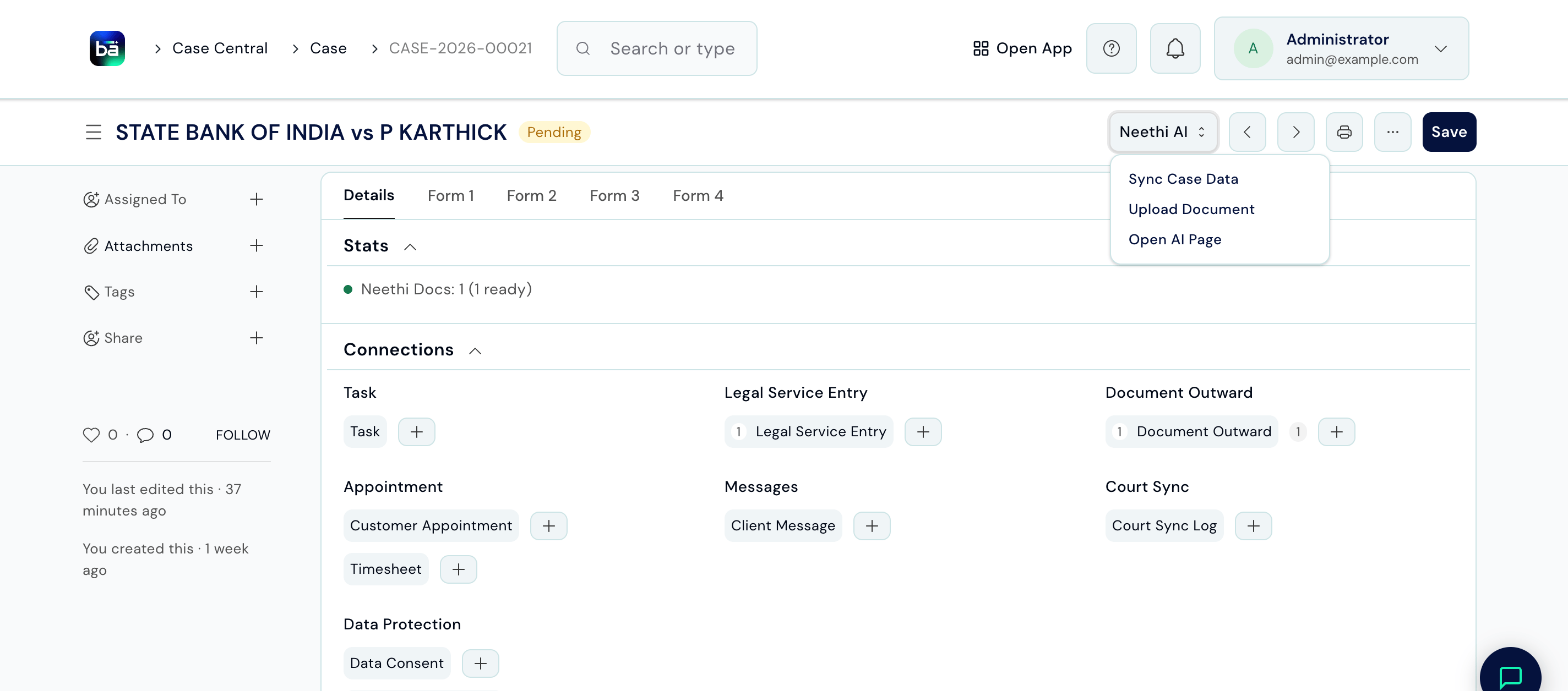 Case detail view showing the AI Assistant menu with Sync Case Data, Upload Document, and Open AI Page options