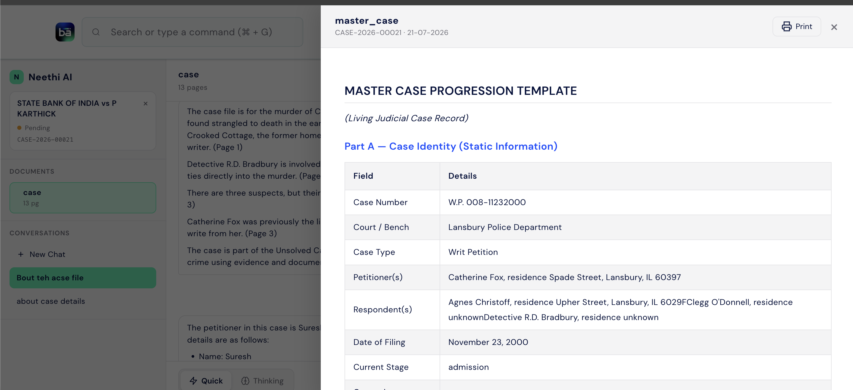 Full generated report view showing the Master Case Progression Template with a structured Field / Details table extracted from the case document