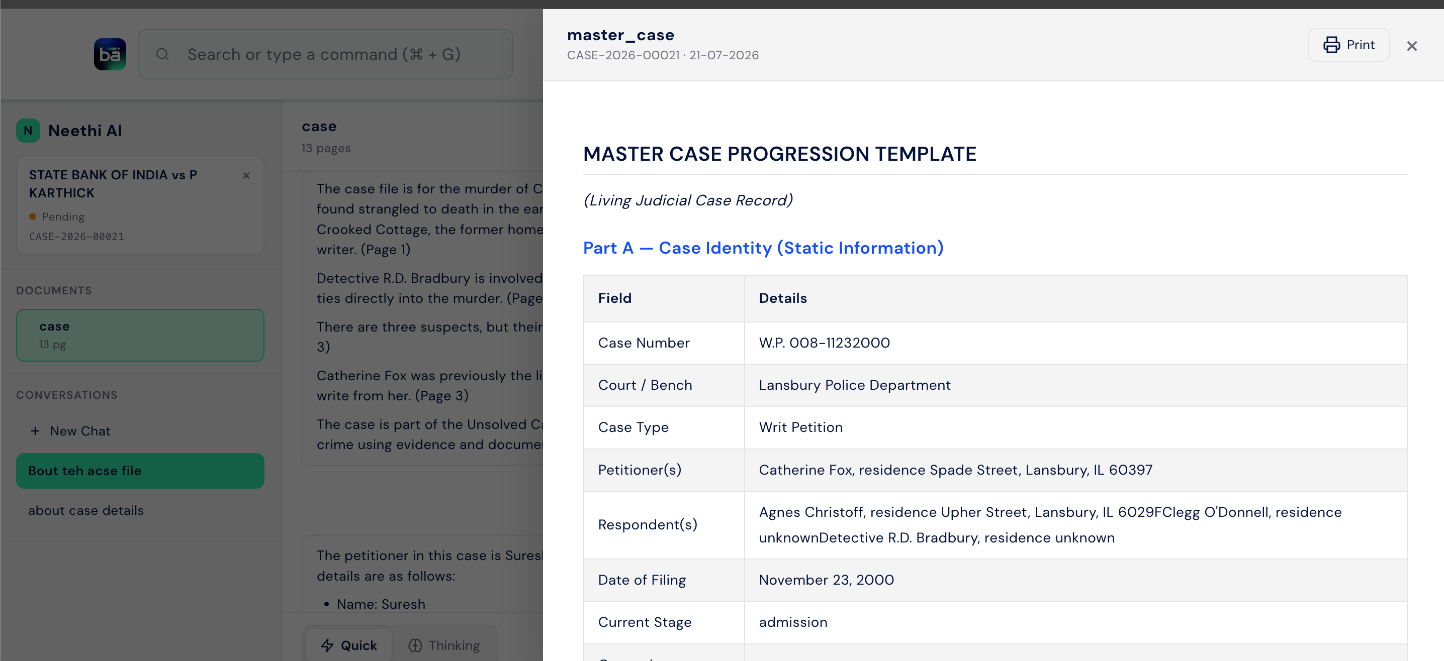 Full generated report view showing the Master Case Progression Template with a structured Field / Details table extracted from the case document