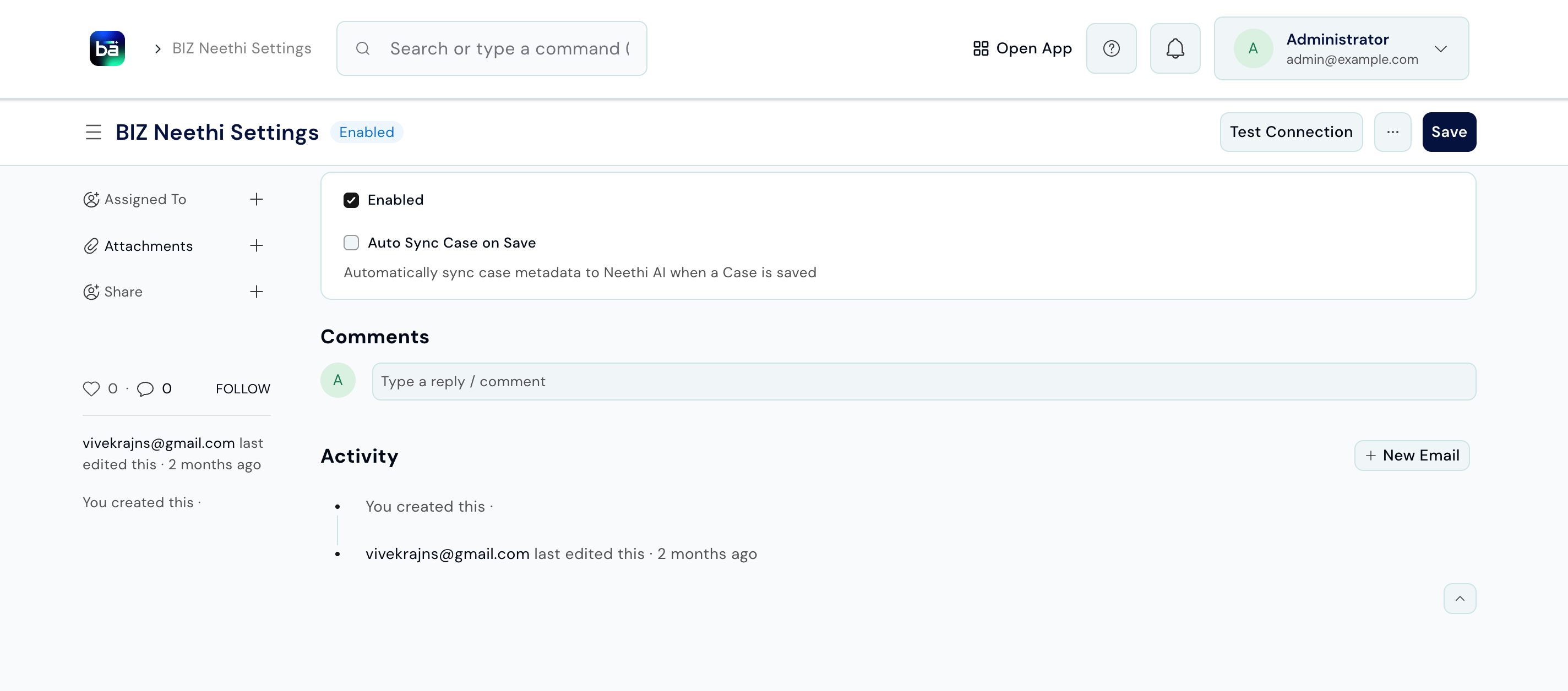 AI Assistant Settings form showing Enabled checkbox and Auto Sync Case on Save checkbox