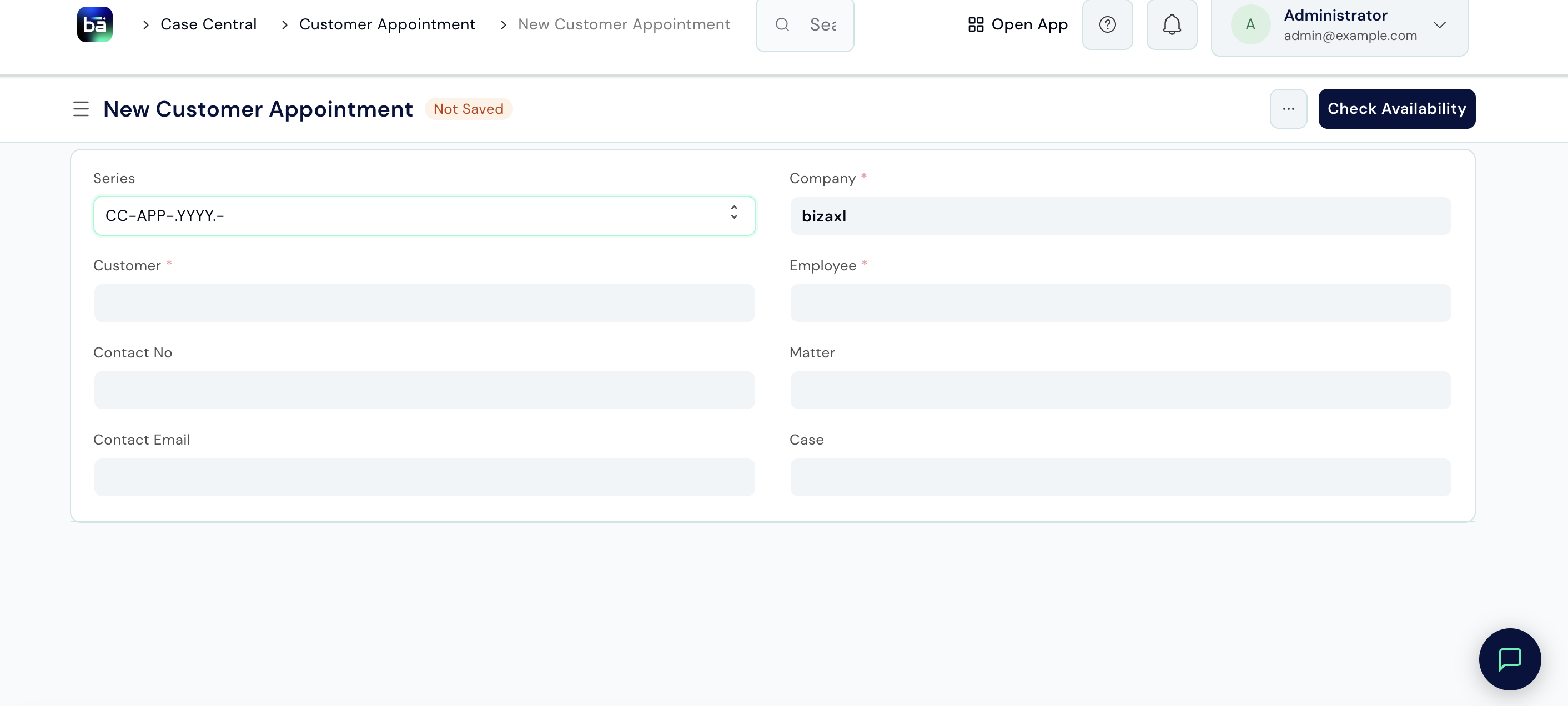 Customer Appointment form showing Client, Employee, Appointment Type, Date, Time, Meeting Room, and Status fields
