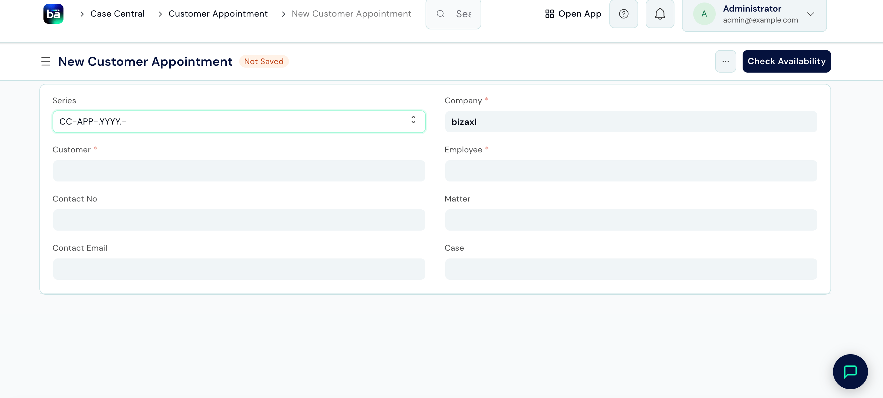 Customer Appointment form showing Client, Employee, Appointment Type, Date, Time, Meeting Room, and Status fields