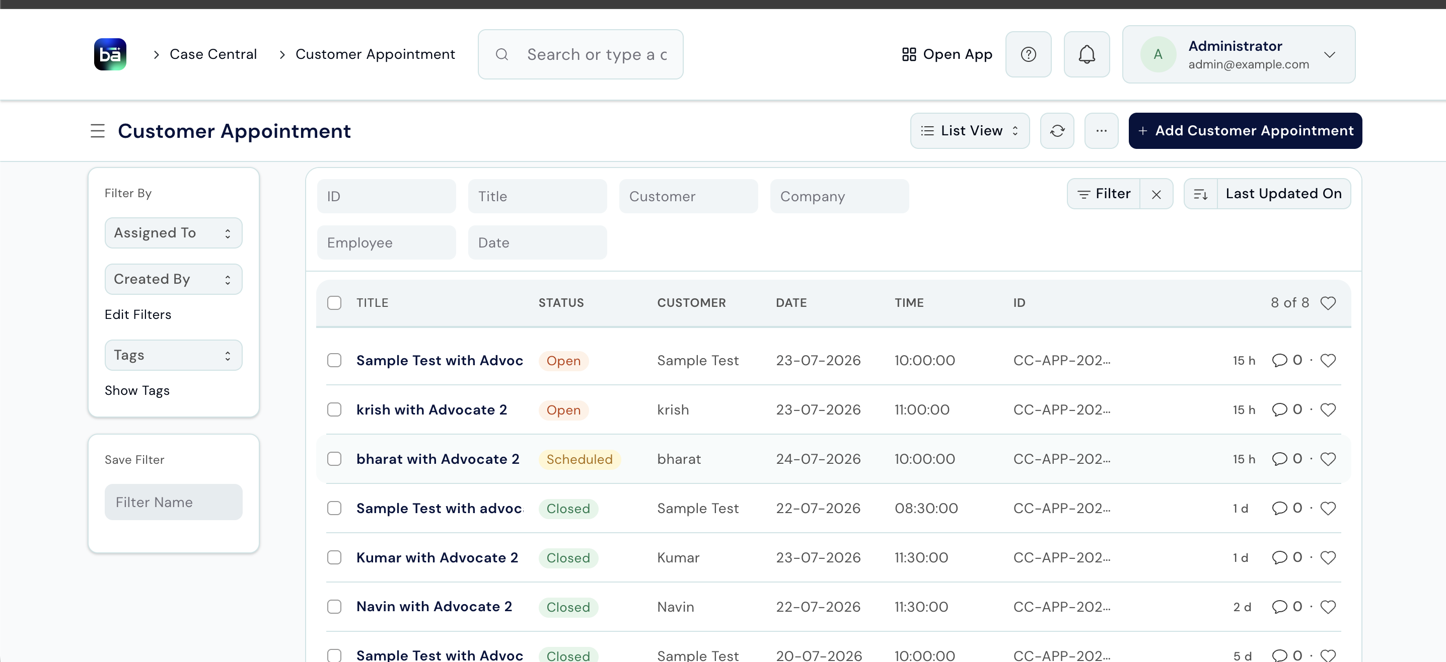 Saved Customer Appointment record showing client name, lawyer, date, time, and Confirmed status