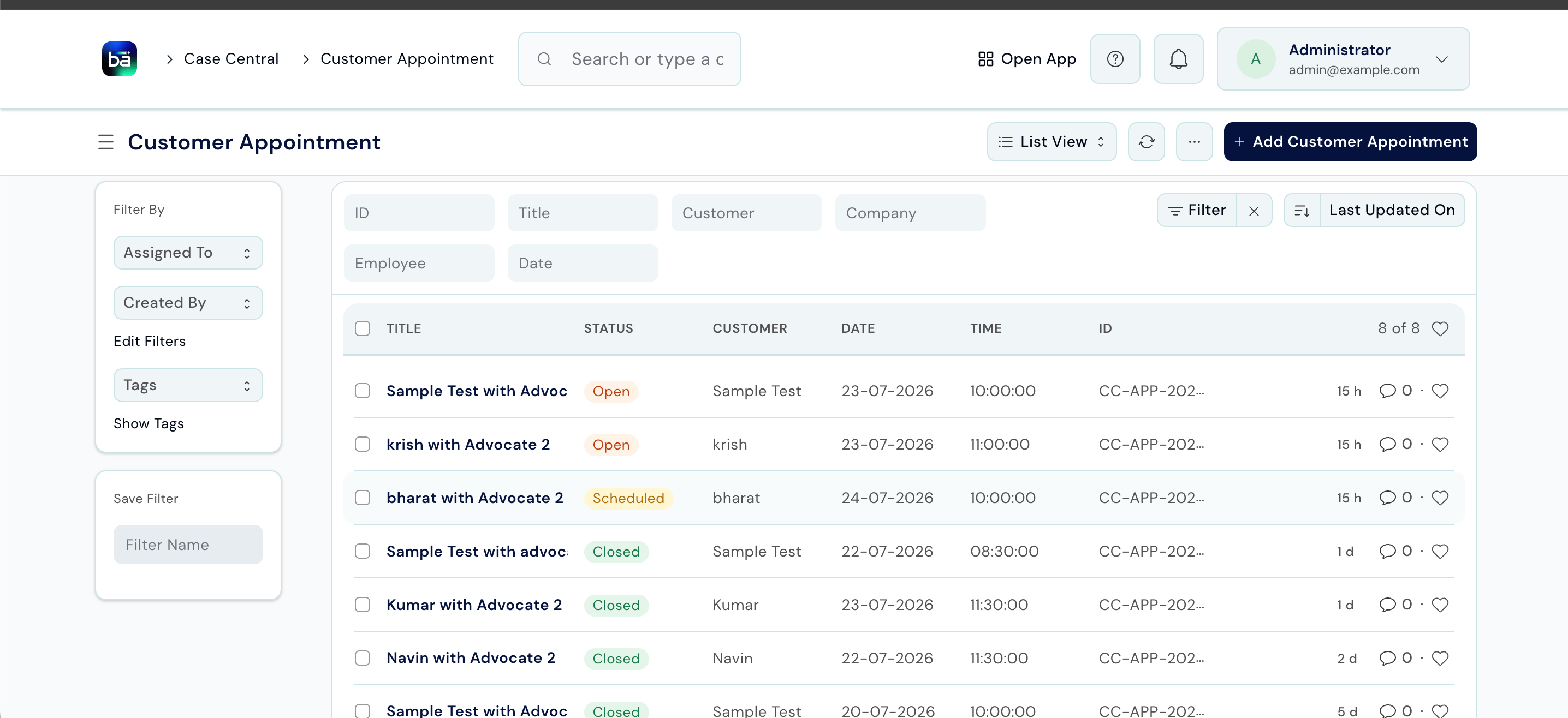 Saved Customer Appointment record showing client name, lawyer, date, time, and Confirmed status