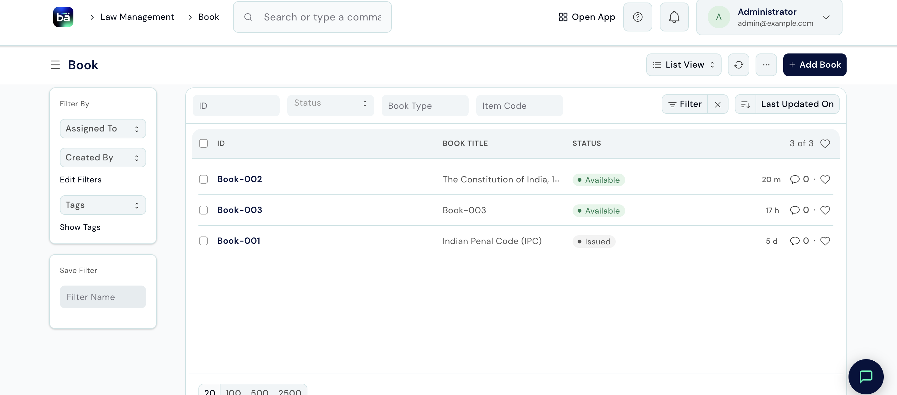 Book list view showing ID, Book Title, and Status columns, with example records in Available and Issued status