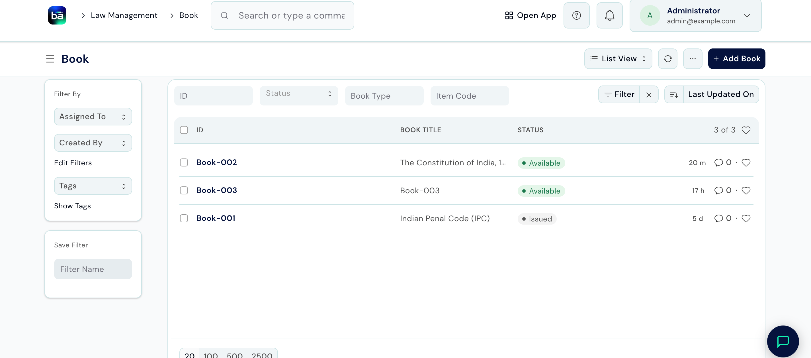 Book list view showing ID, Book Title, and Status columns, with example records in Available and Issued status