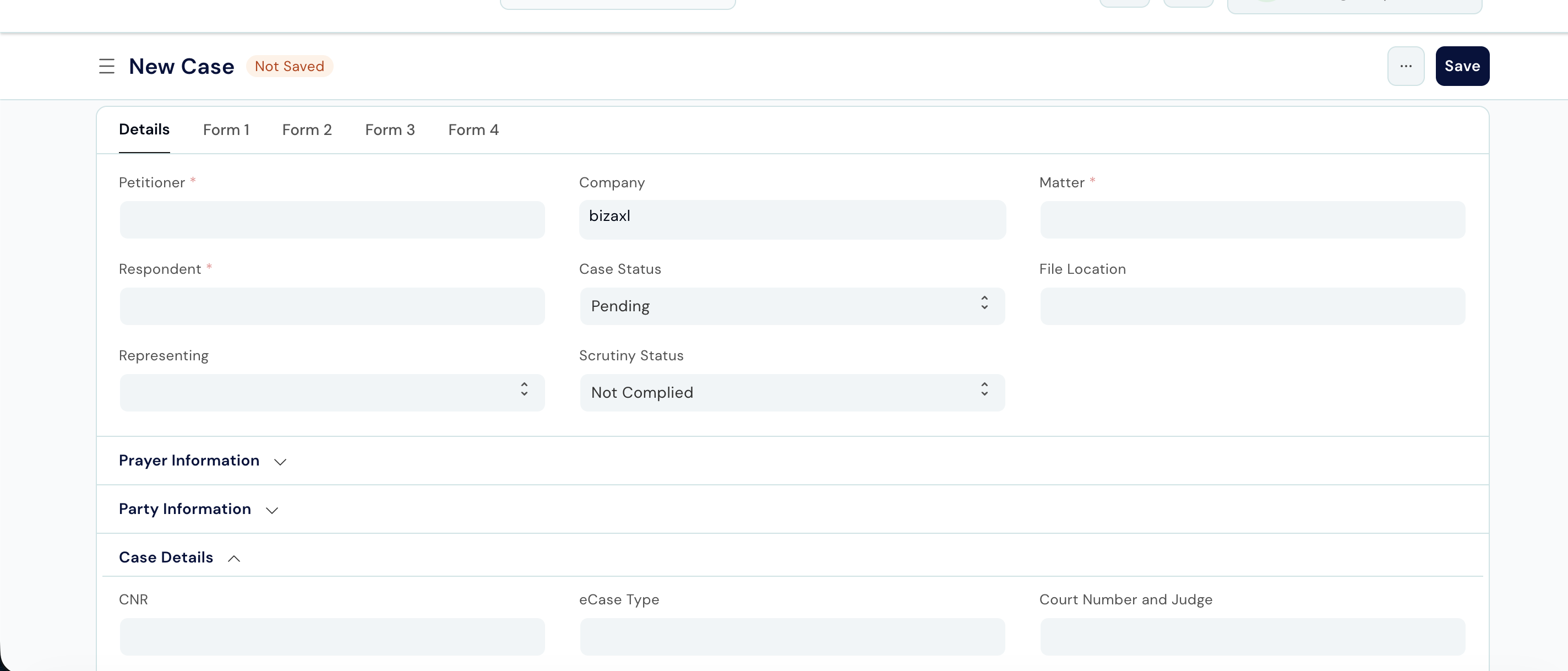 Case form showing Matter, Service, Case No., Case Year, CNR Number, and Case Title fields