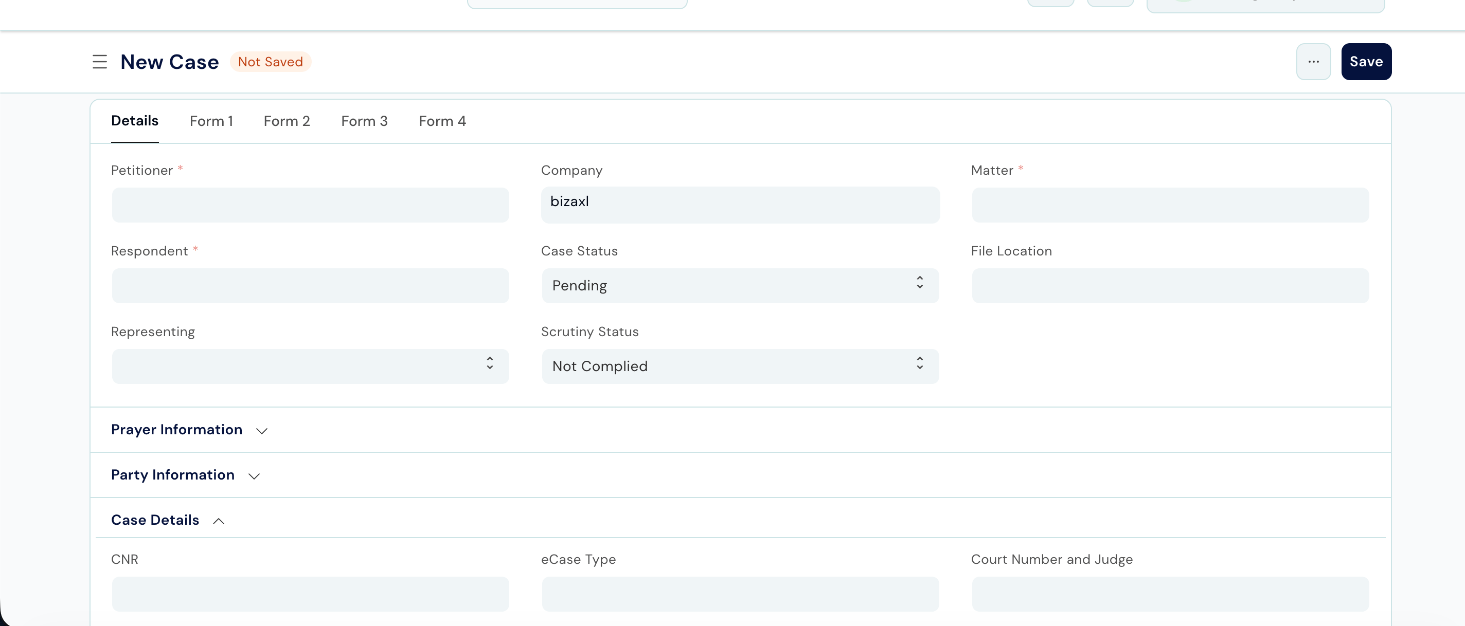 Case form showing Matter, Service, Case No., Case Year, CNR Number, and Case Title fields