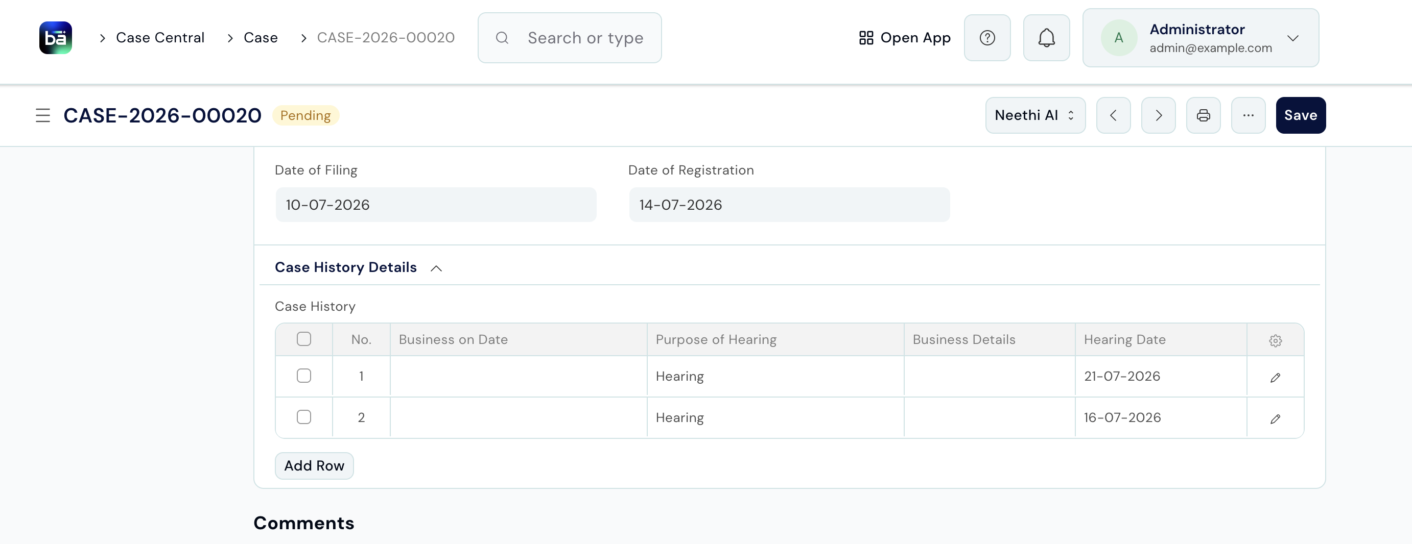 Case History table showing Business on Date, Purpose of Hearing, Business Details, and Hearing Date columns