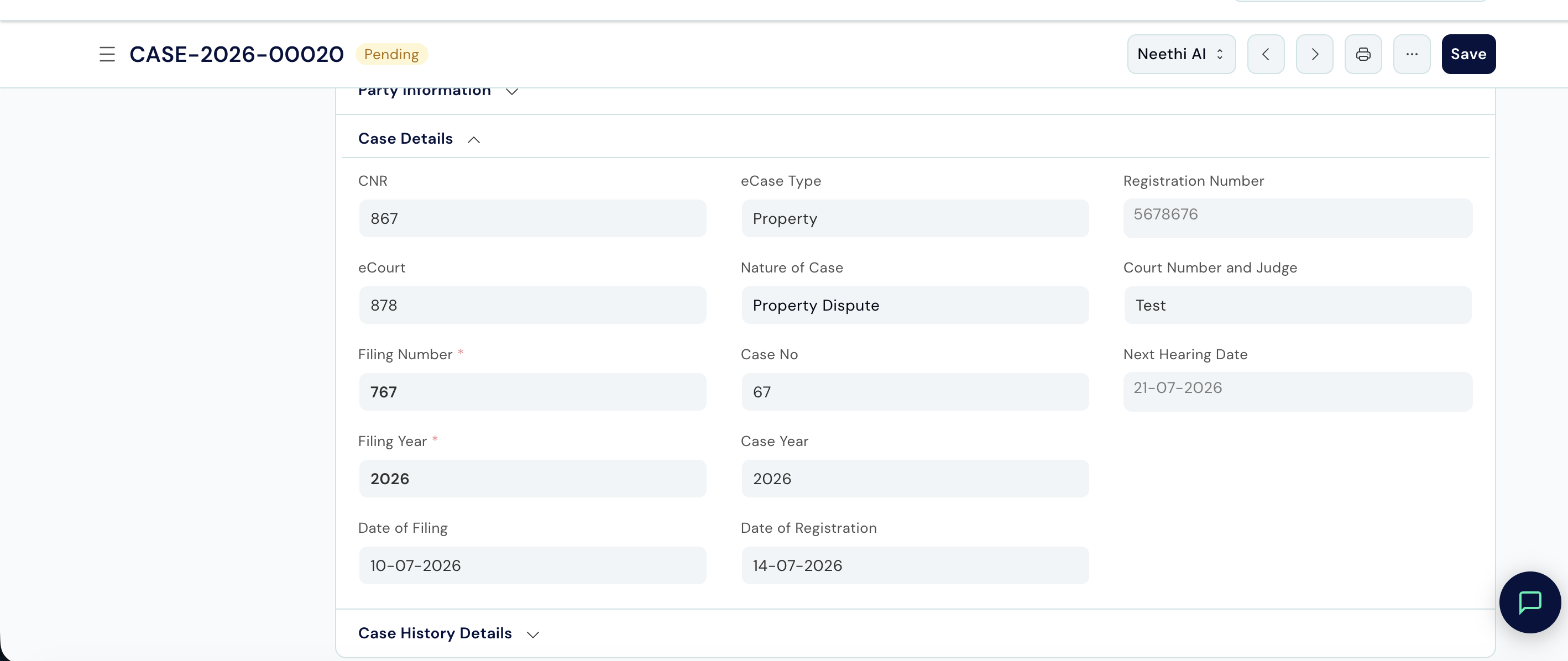 Saved case record showing matter, court, CNR number, and case title