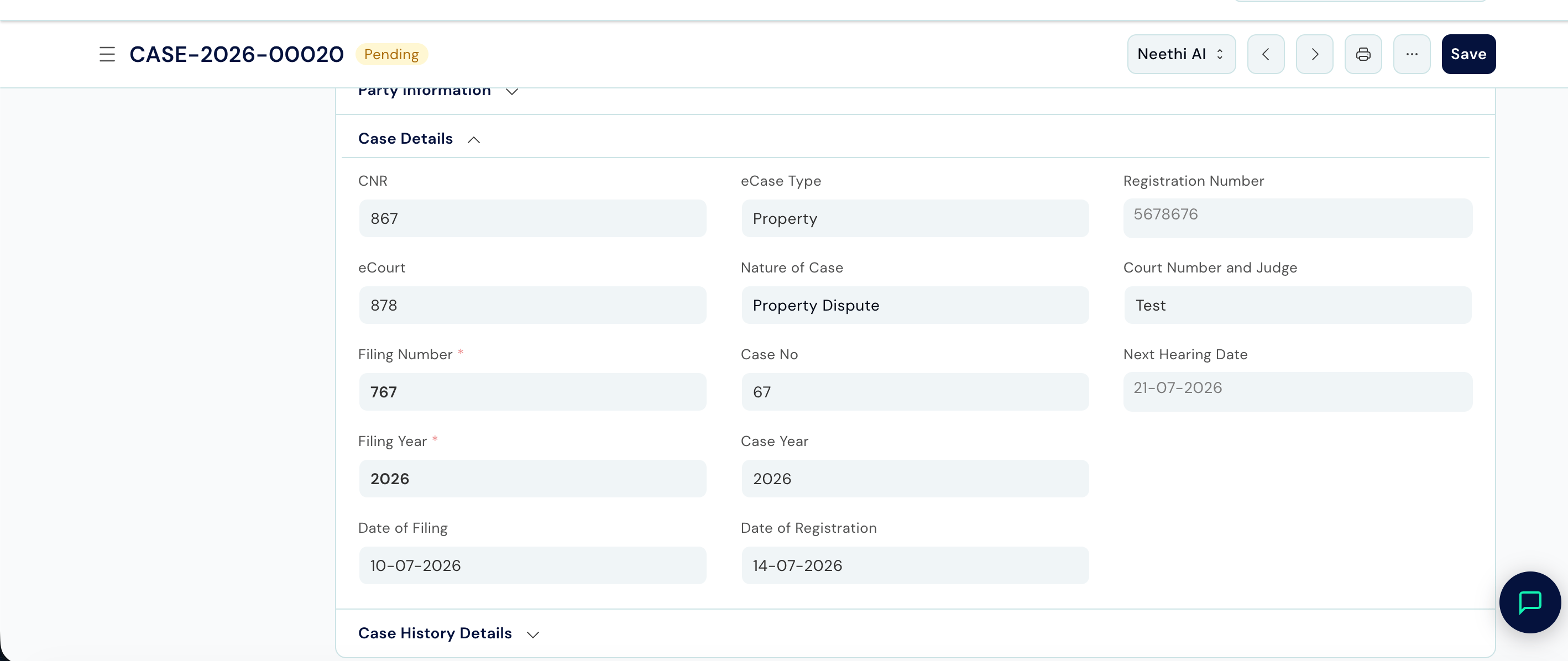 Saved case record showing matter, court, CNR number, and case title