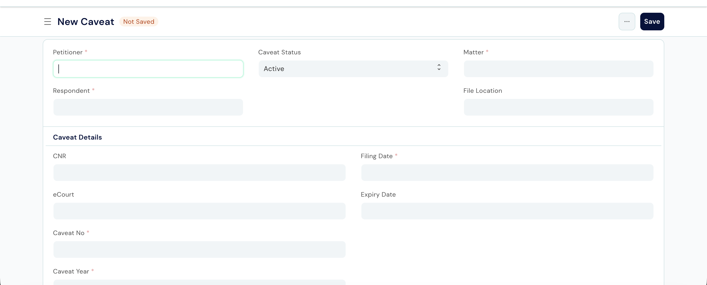 Caveat form showing Matter, Petitioner, Respondent, Caveat Title, Service, and Status fields