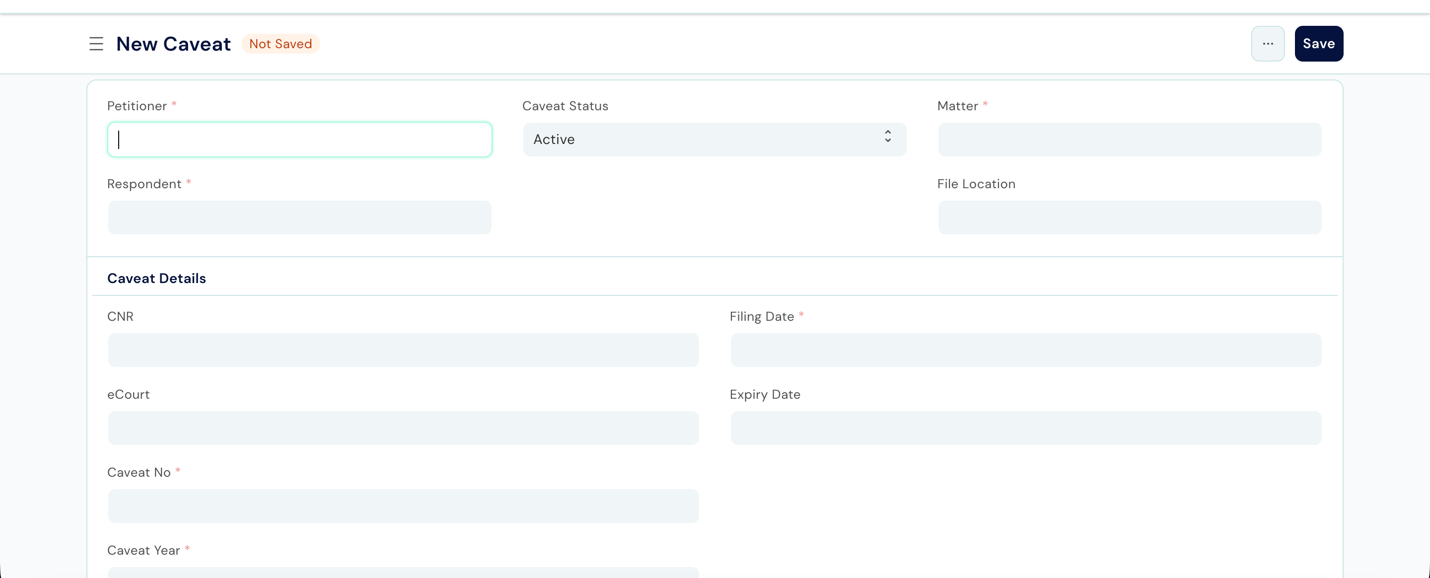 Caveat form showing Matter, Petitioner, Respondent, Caveat Title, Service, and Status fields