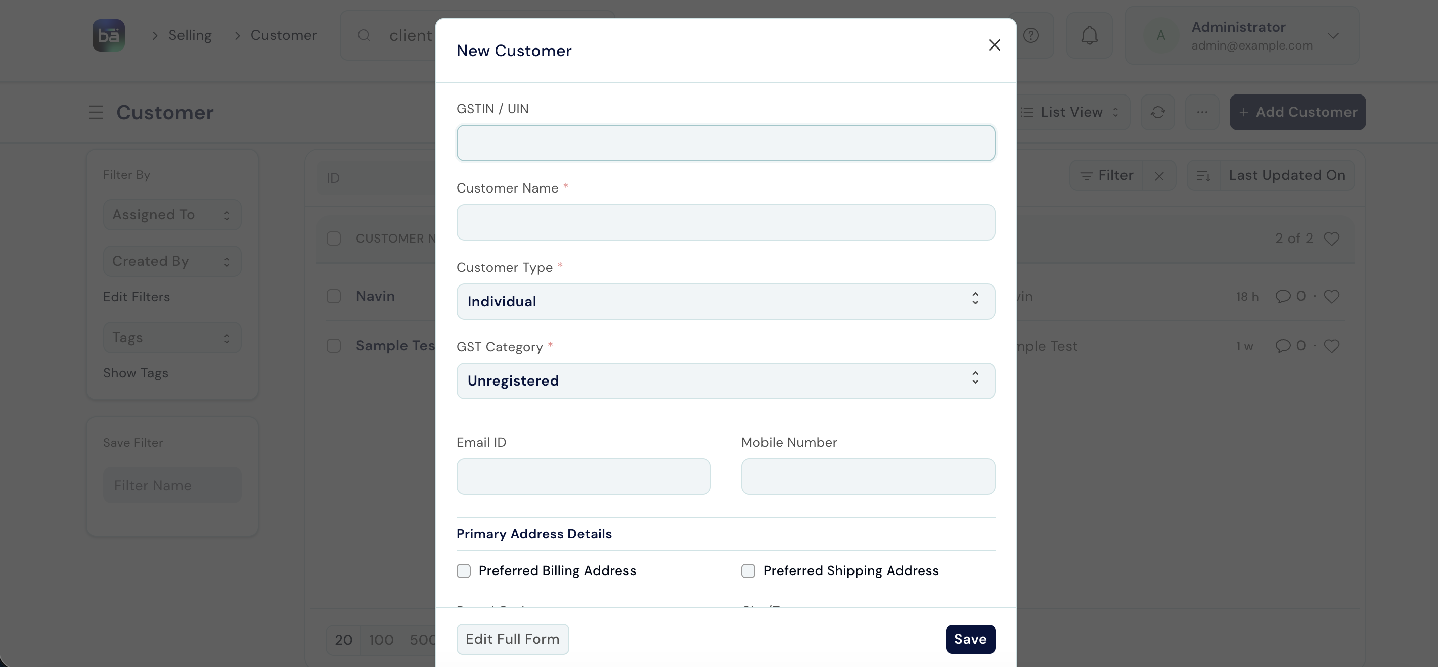 Client form showing Full Name, Mobile Number, and Email Address fields