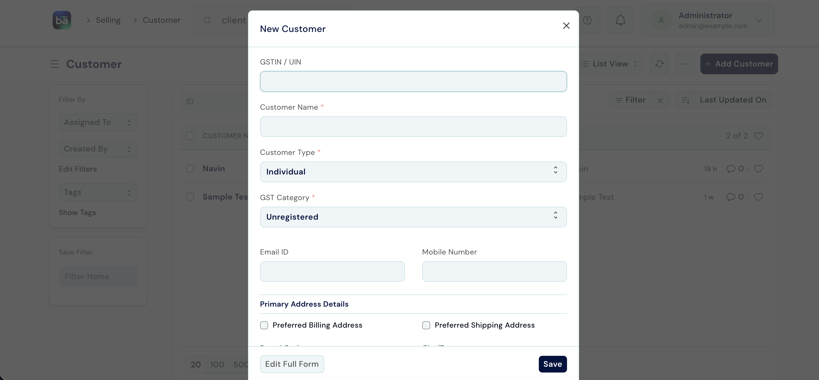 Client form showing Full Name, Mobile Number, and Email Address fields