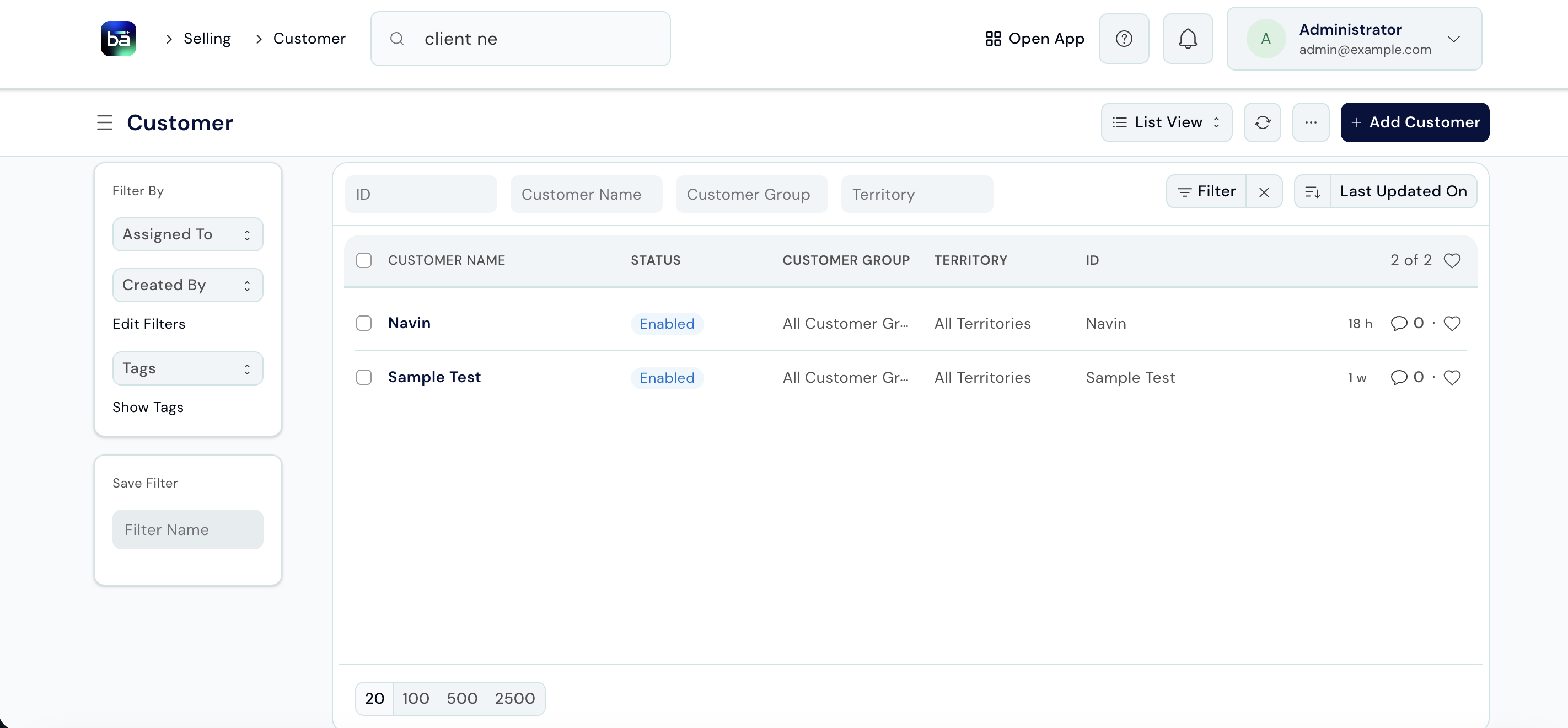 Saved client record with name and contact details visible
