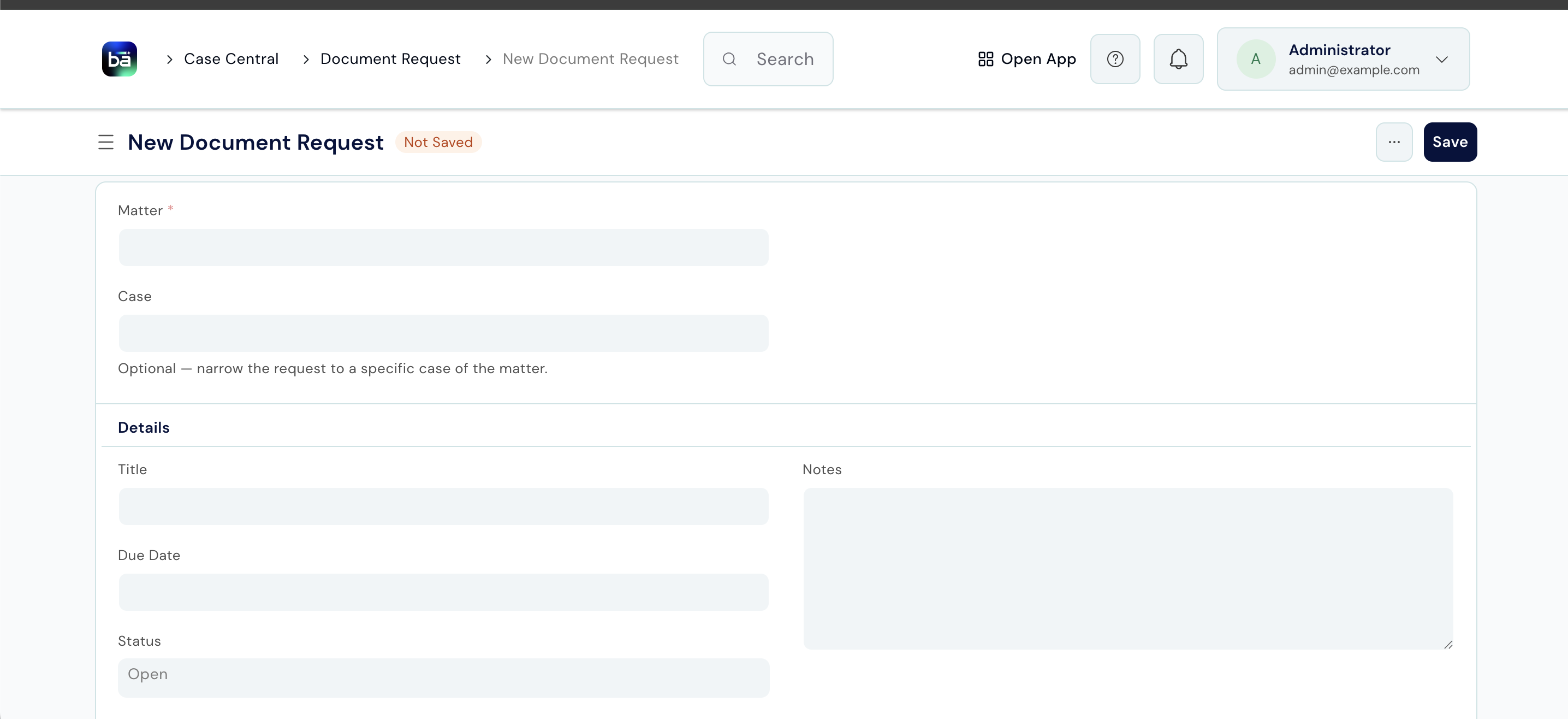 New Document Request form showing Matter, Case, Title, Due Date, Status, and Notes fields