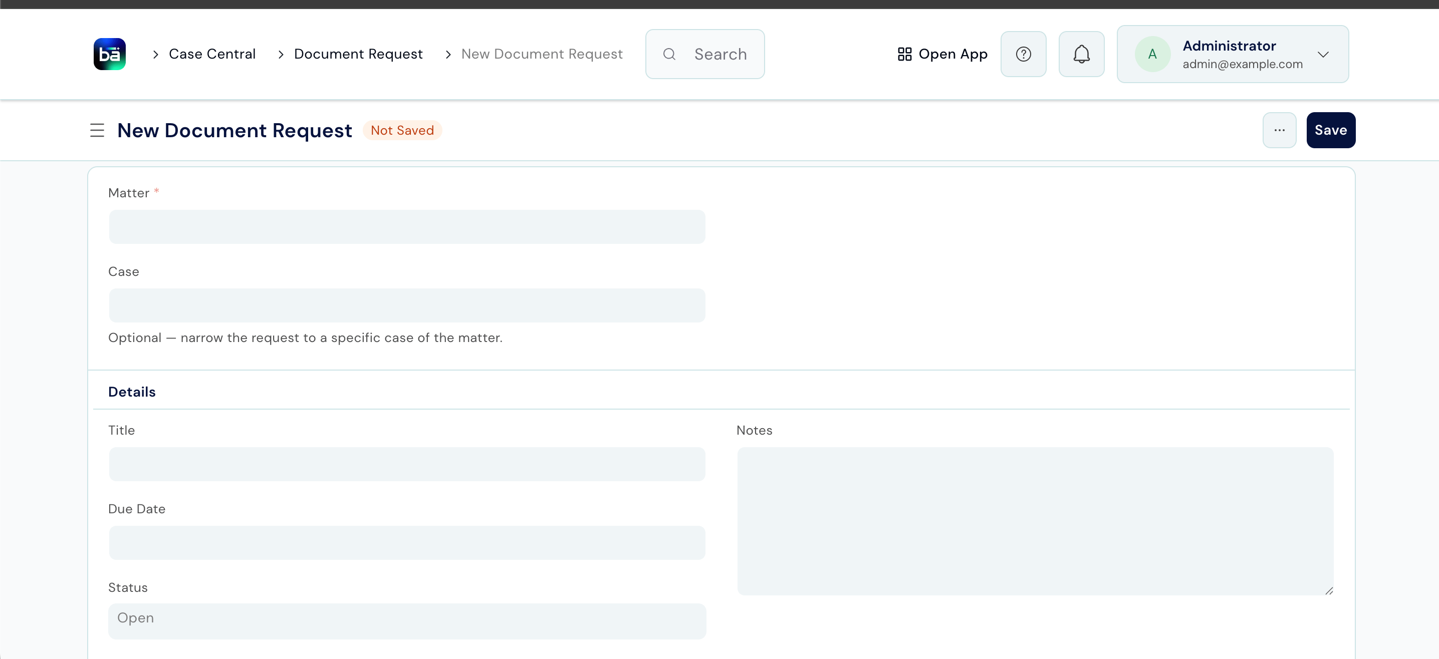 New Document Request form showing Matter, Case, Title, Due Date, Status, and Notes fields