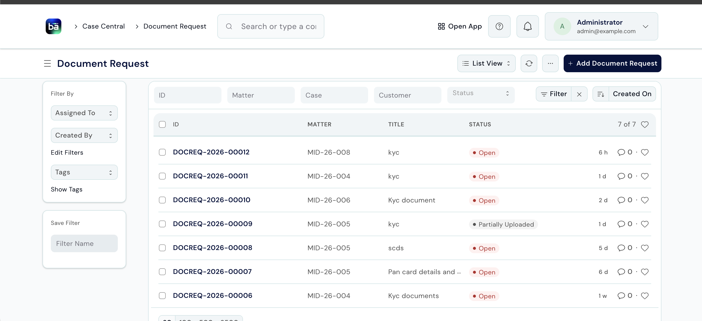 Document Request list view showing ID, Matter, Title, and Status columns, with examples in Open and Partially Uploaded status