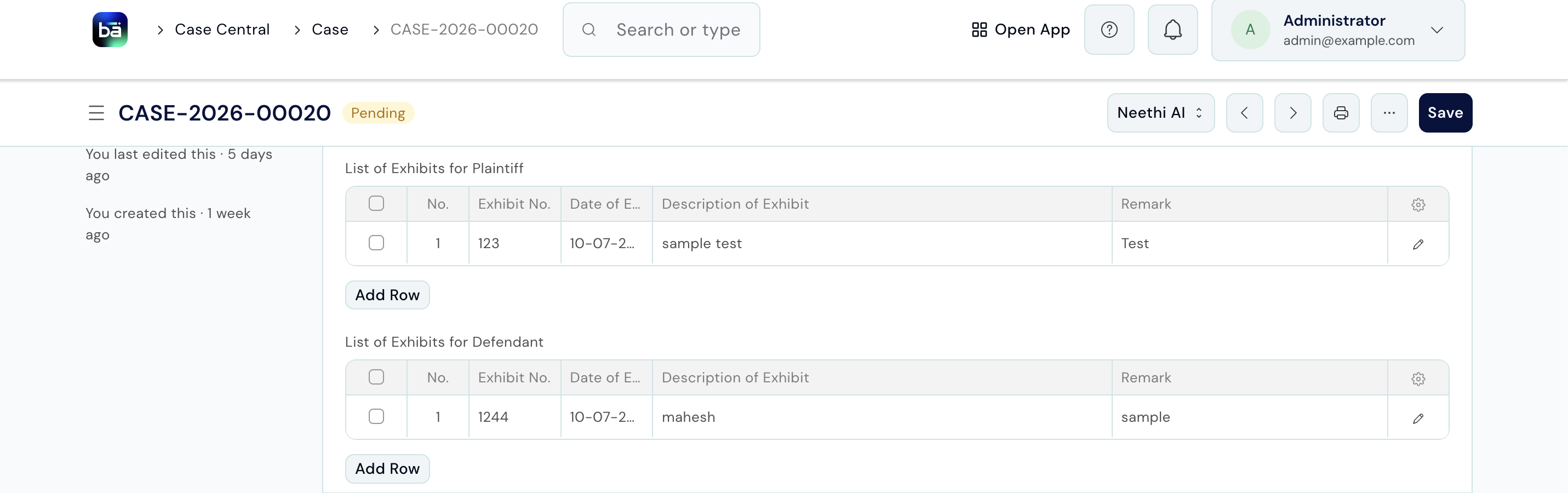 List of Exhibits for Plaintiff and Defendant tables showing No., Exhibit No., Date of Exhibit, Description of Exhibit, and Remark columns