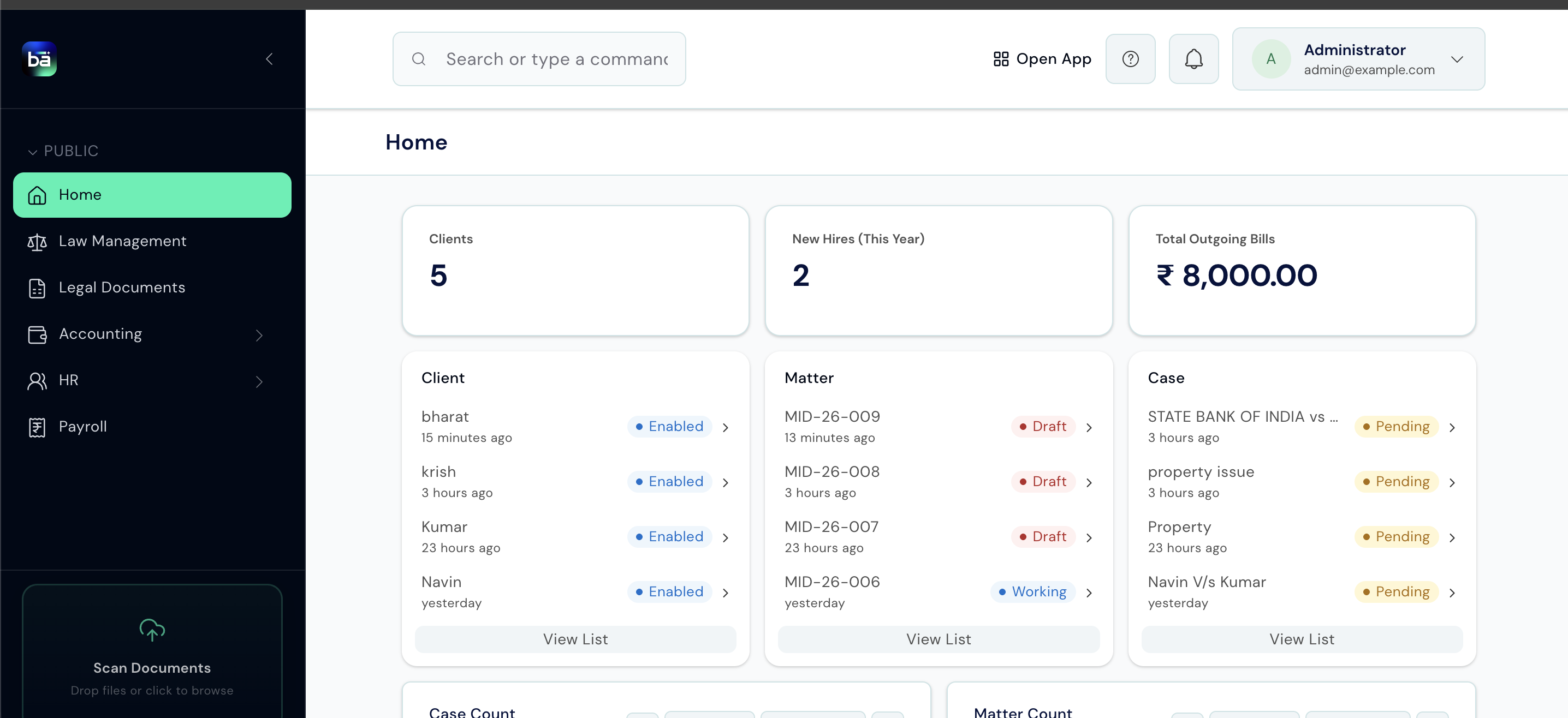 Bizaxl home screen showing Clients, New Hires, and Total Outgoing Bills number cards, quick lists for Client, Matter, and Case, and the sidebar navigation