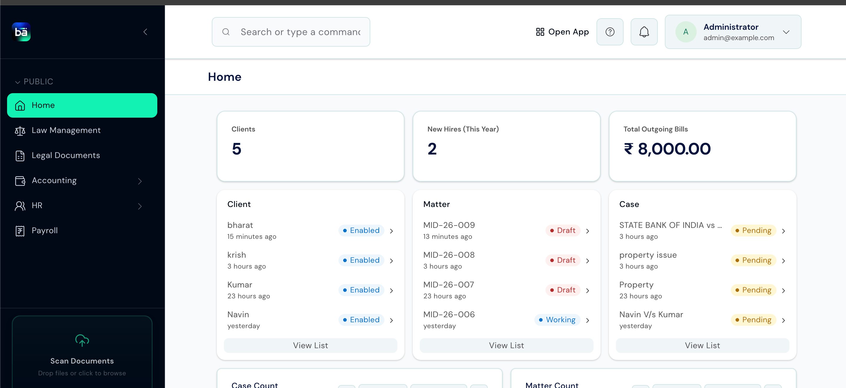 Bizaxl home screen showing Clients, New Hires, and Total Outgoing Bills number cards, quick lists for Client, Matter, and Case, and the sidebar navigation