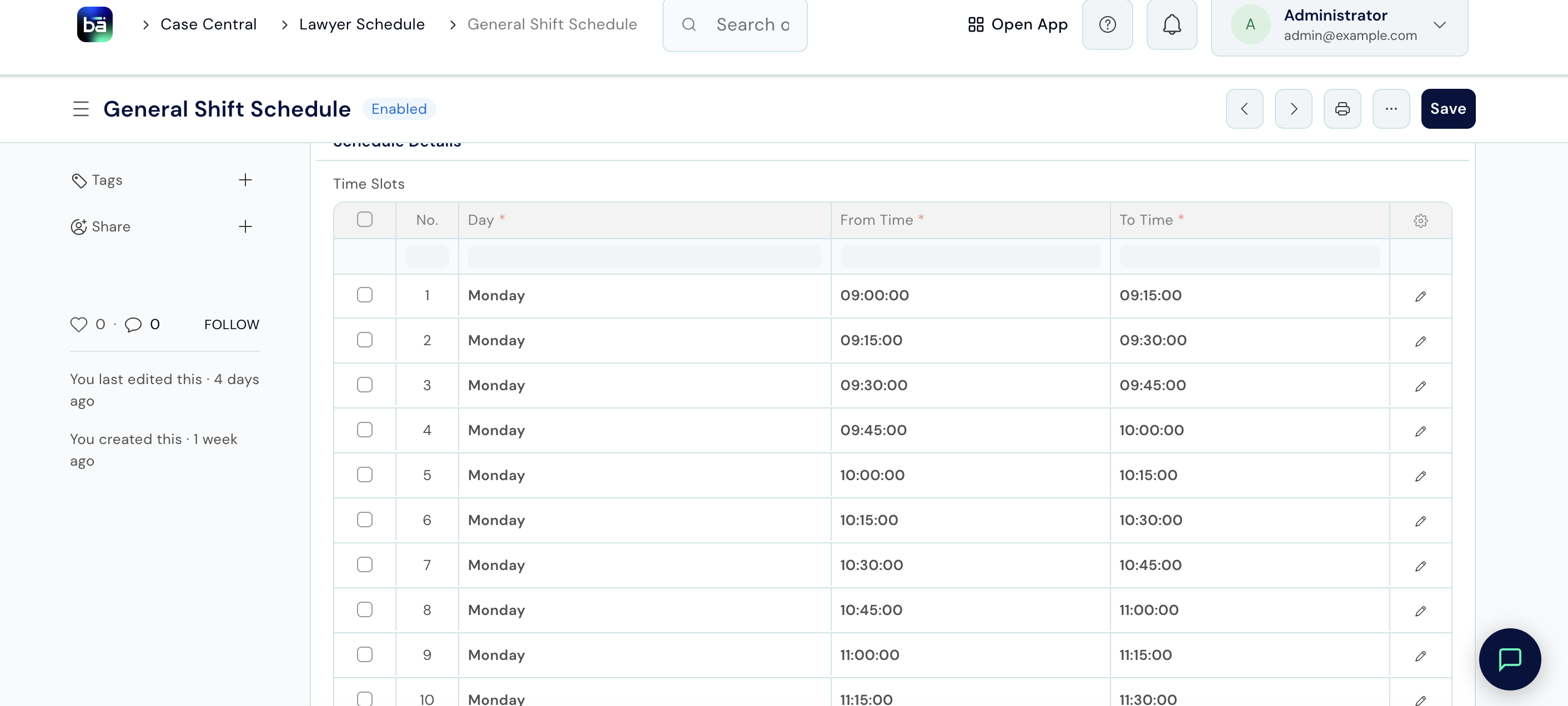 Time Slots table inside a Lawyer Schedule showing Day of Week, From Time, and To Time columns