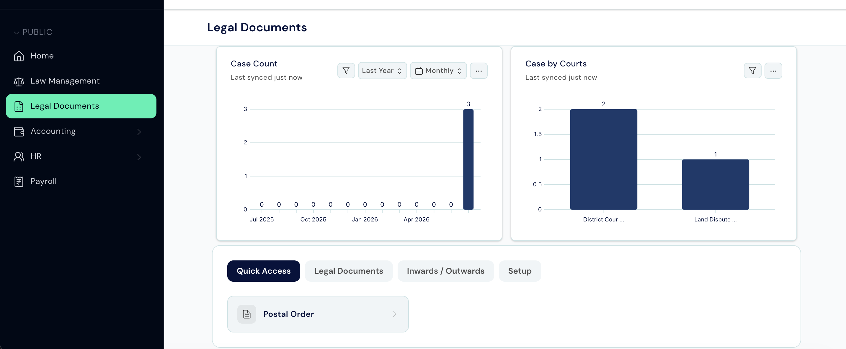 Legal Documents workspace showing Postal Order shortcut and three card groups: Legal Documents, Inwards / Outwards, and Setup