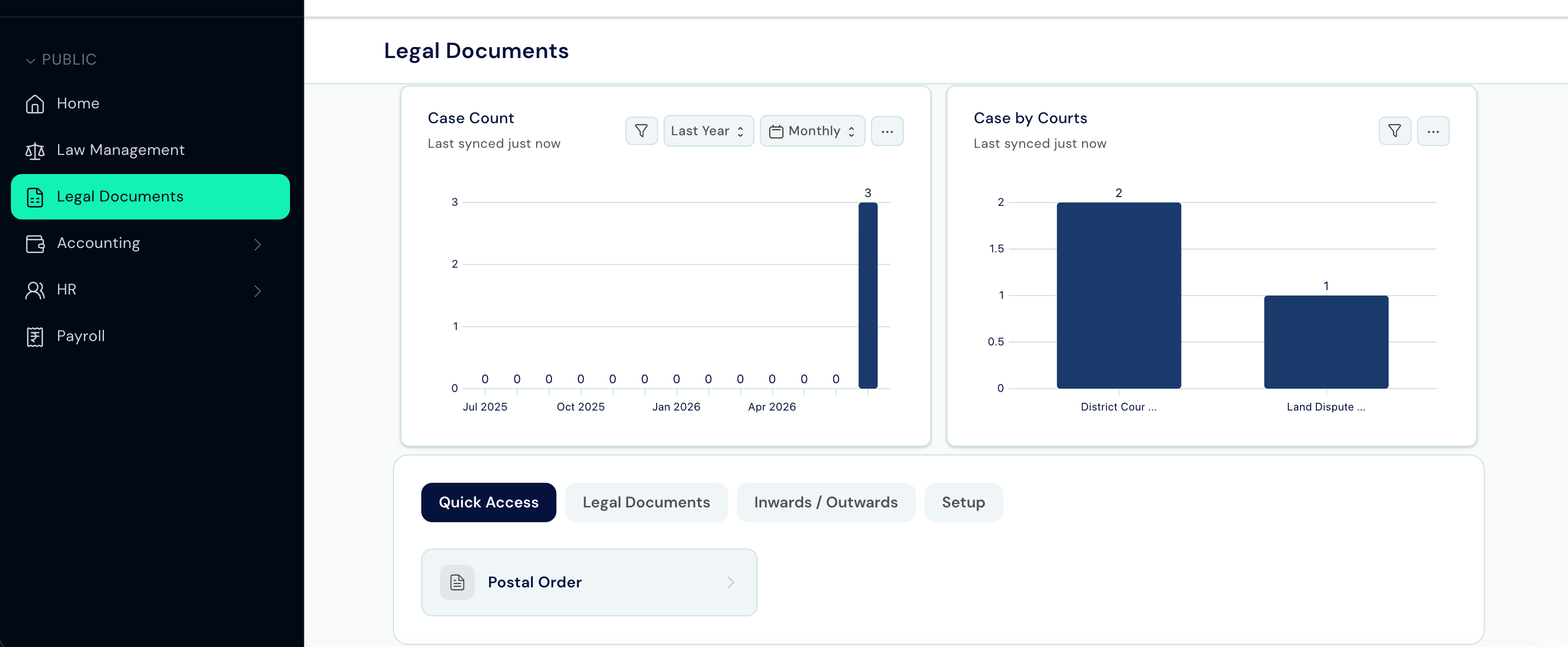 Legal Documents workspace showing Postal Order shortcut and three card groups: Legal Documents, Inwards / Outwards, and Setup