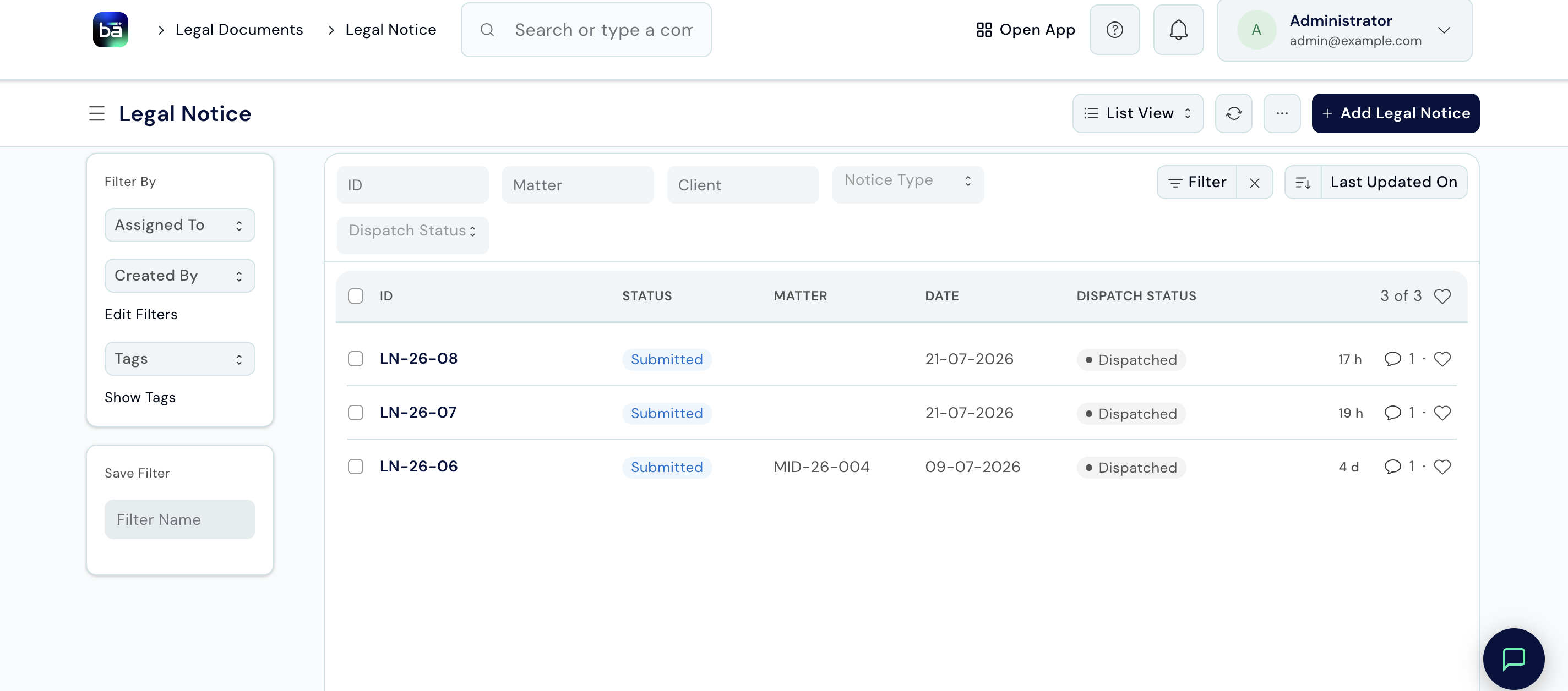 Legal Notice list view showing ID, Status, Matter, Date, and Dispatch Status columns