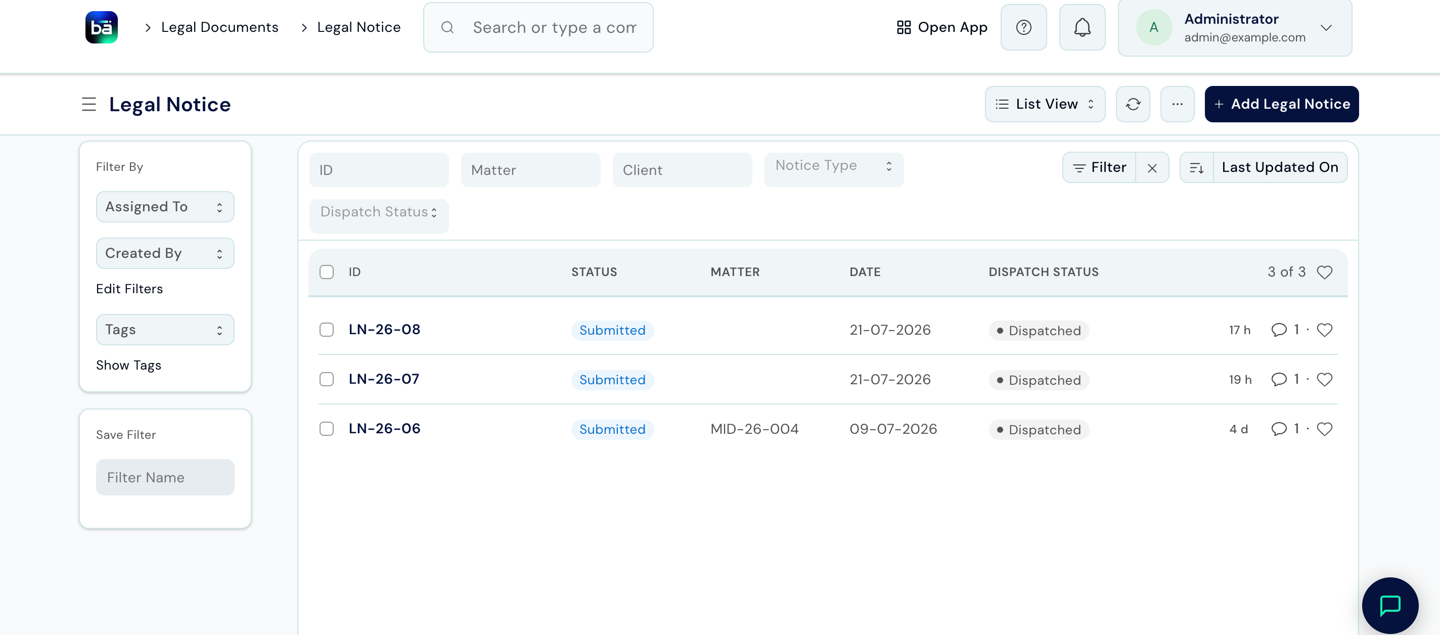 Legal Notice list view showing ID, Status, Matter, Date, and Dispatch Status columns