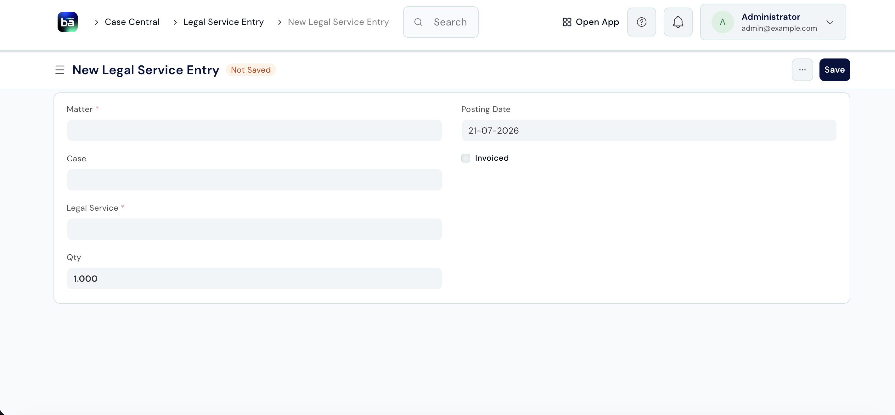 Legal Service Entry form showing Matter, Legal Service, Date, and Rate fields