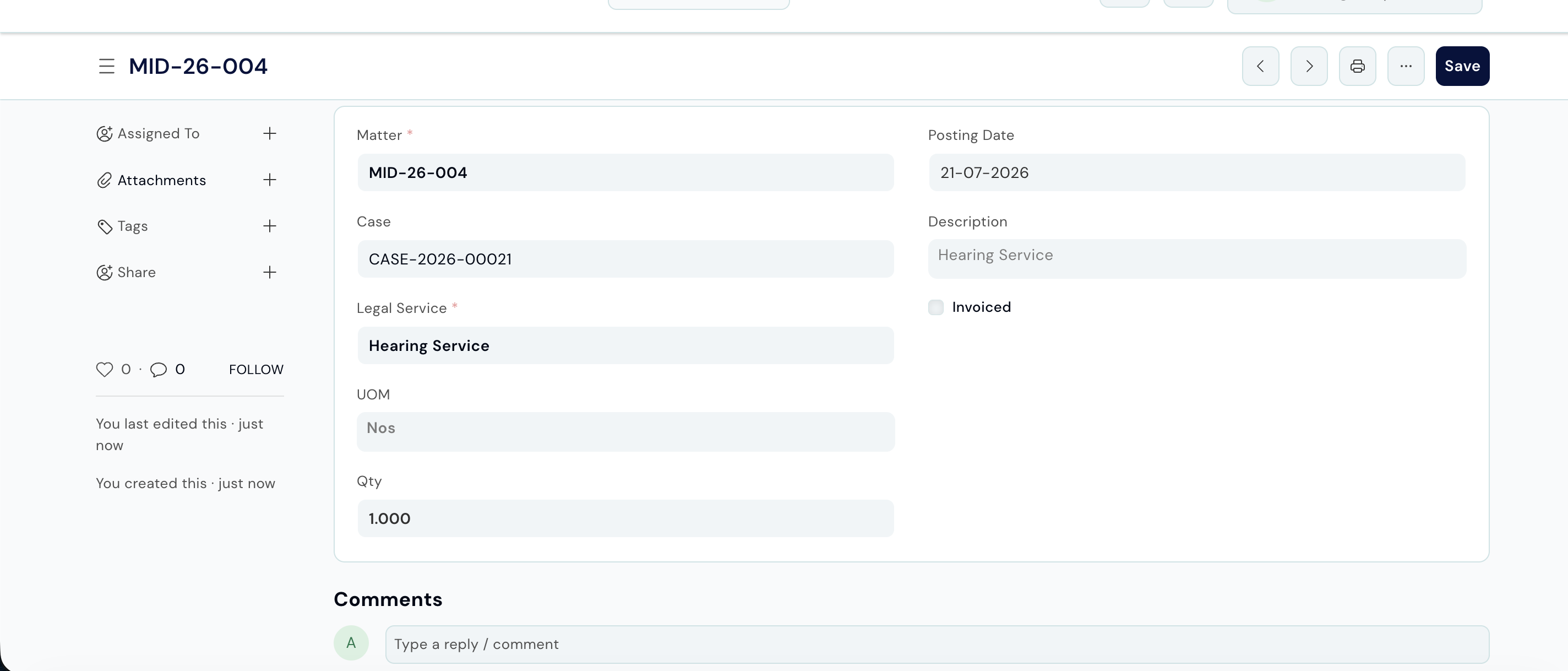 Saved Legal Service Entry record linked to a matter with service and rate details