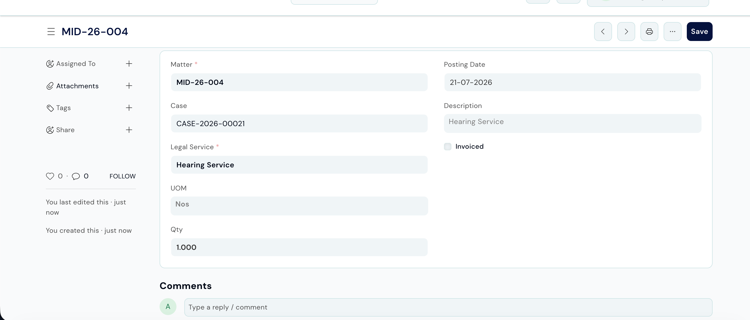 Saved Legal Service Entry record linked to a matter with service and rate details