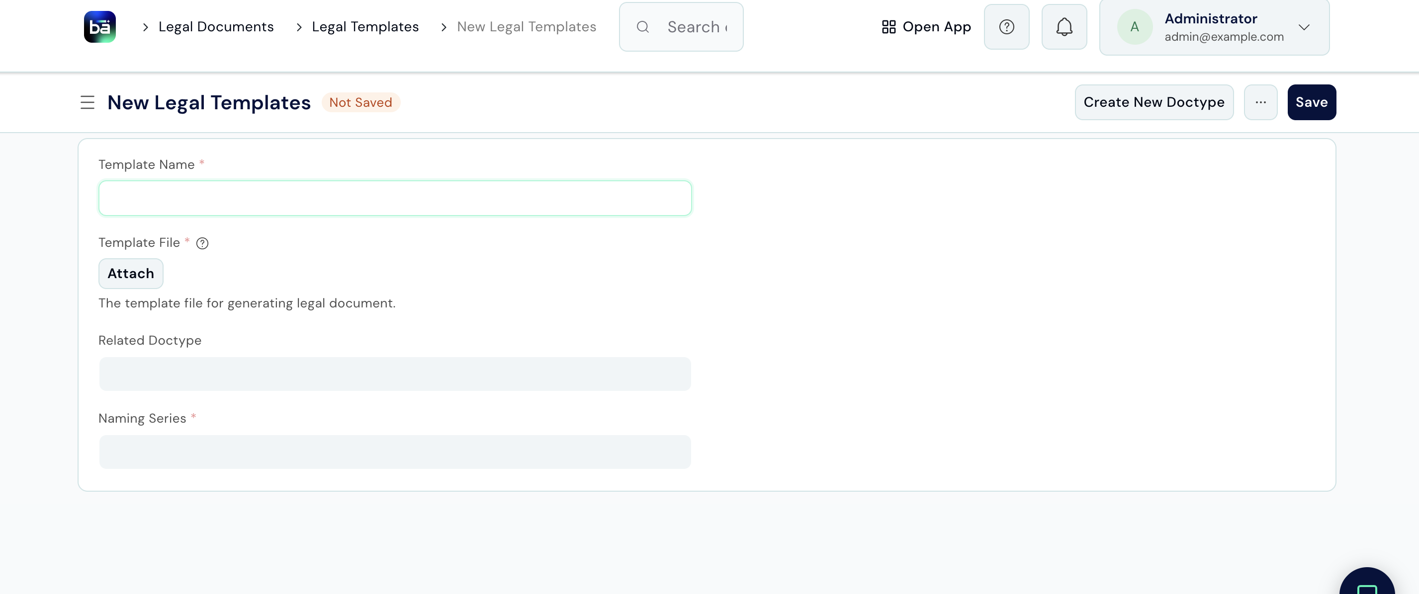 New Legal Templates form showing Template Name, Template File attach button, Related Doctype, and Naming Series fields