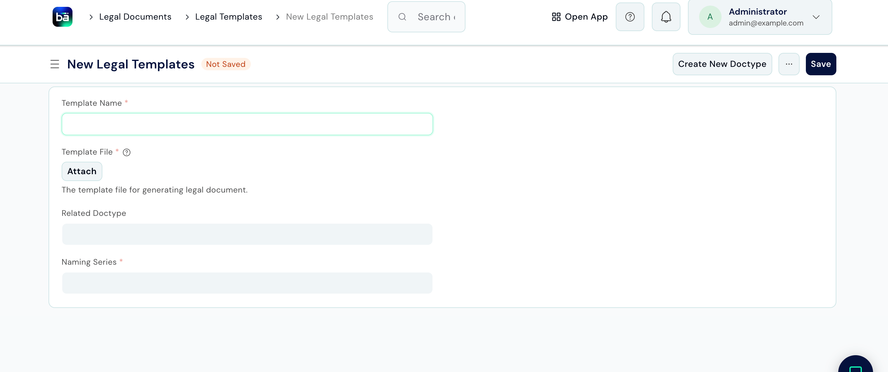 New Legal Templates form showing Template Name, Template File attach button, Related Doctype, and Naming Series fields